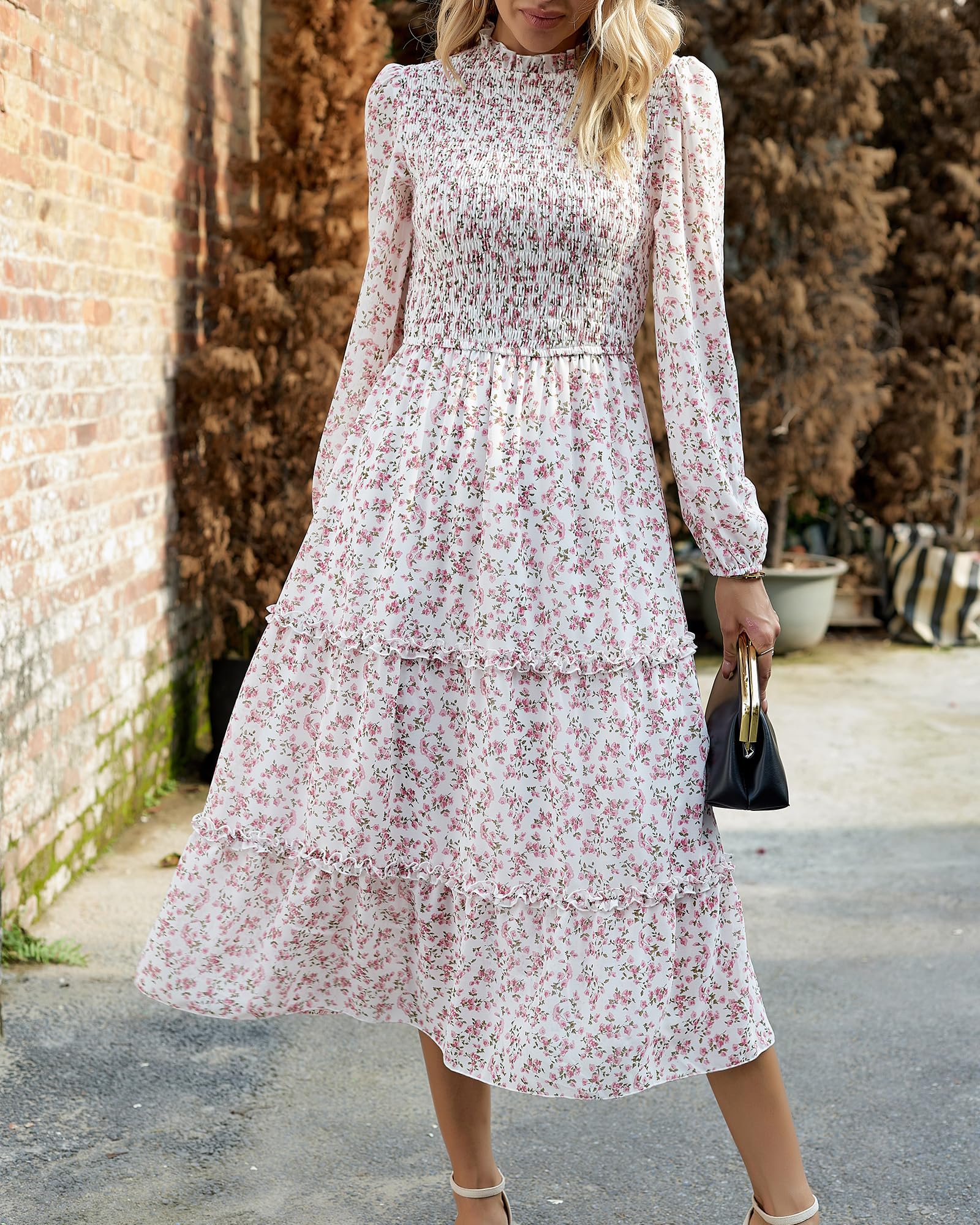 NOLLSOM Women's Floral Boho Maxi Dress - Long Sleeve Crew Neck A-Line Flowy Wedding Guest Dress for Spring 2025 | Perfect for Beach Vacations, Garden Parties & Casual Outings