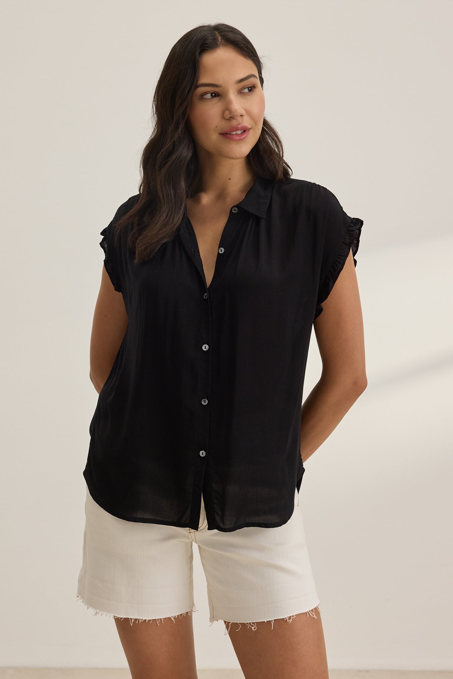 AKIRA Women's Rayon Challis Ruffle Trim Short Sleeve Blouse - Flowy Casual Top for Work, Date Night & Summer Outfits