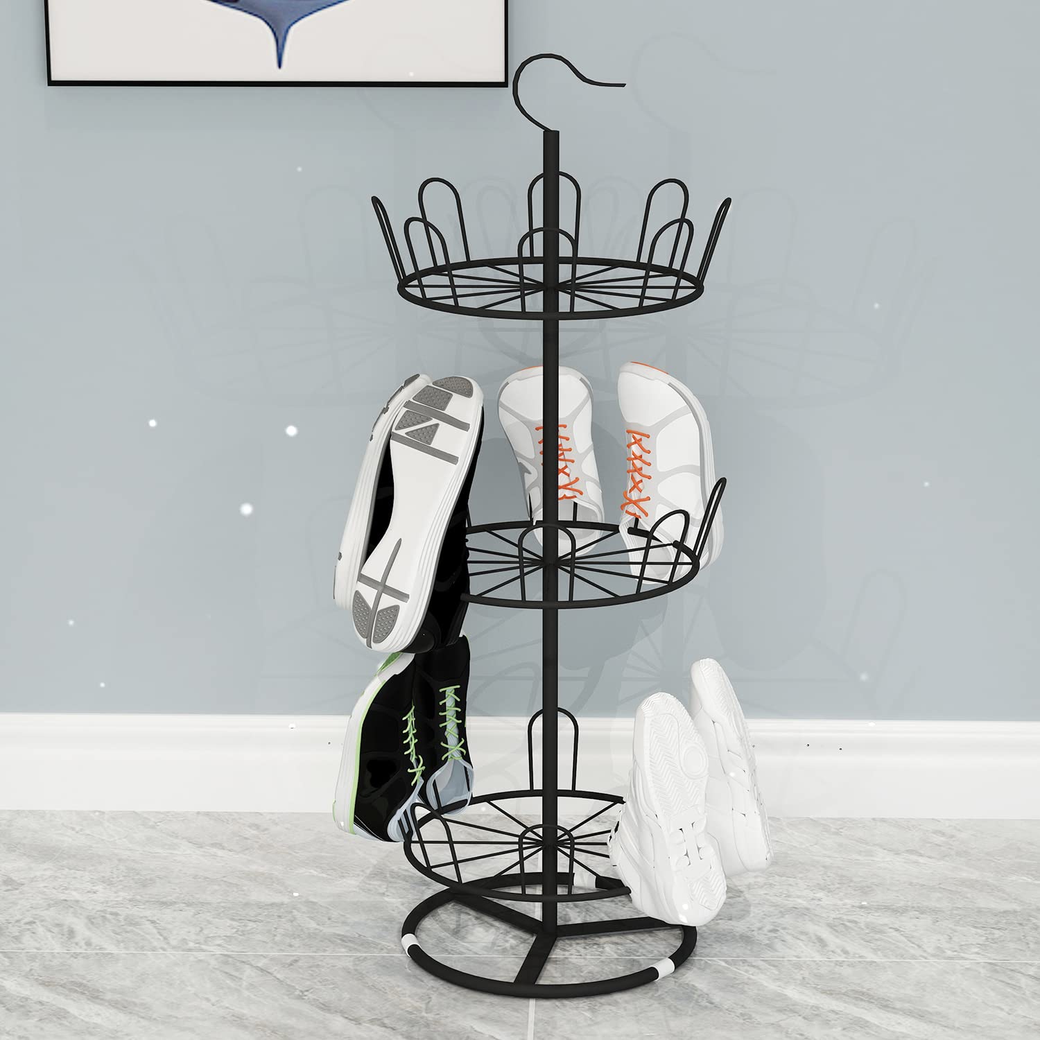 3-Tier Rotating Shoe Rack Organizer - Black Round Iron Shoe Tree Stand with 360° Spinning Design | Perfect for Closet, Bedroom & Entryway Shoe Storage Organization