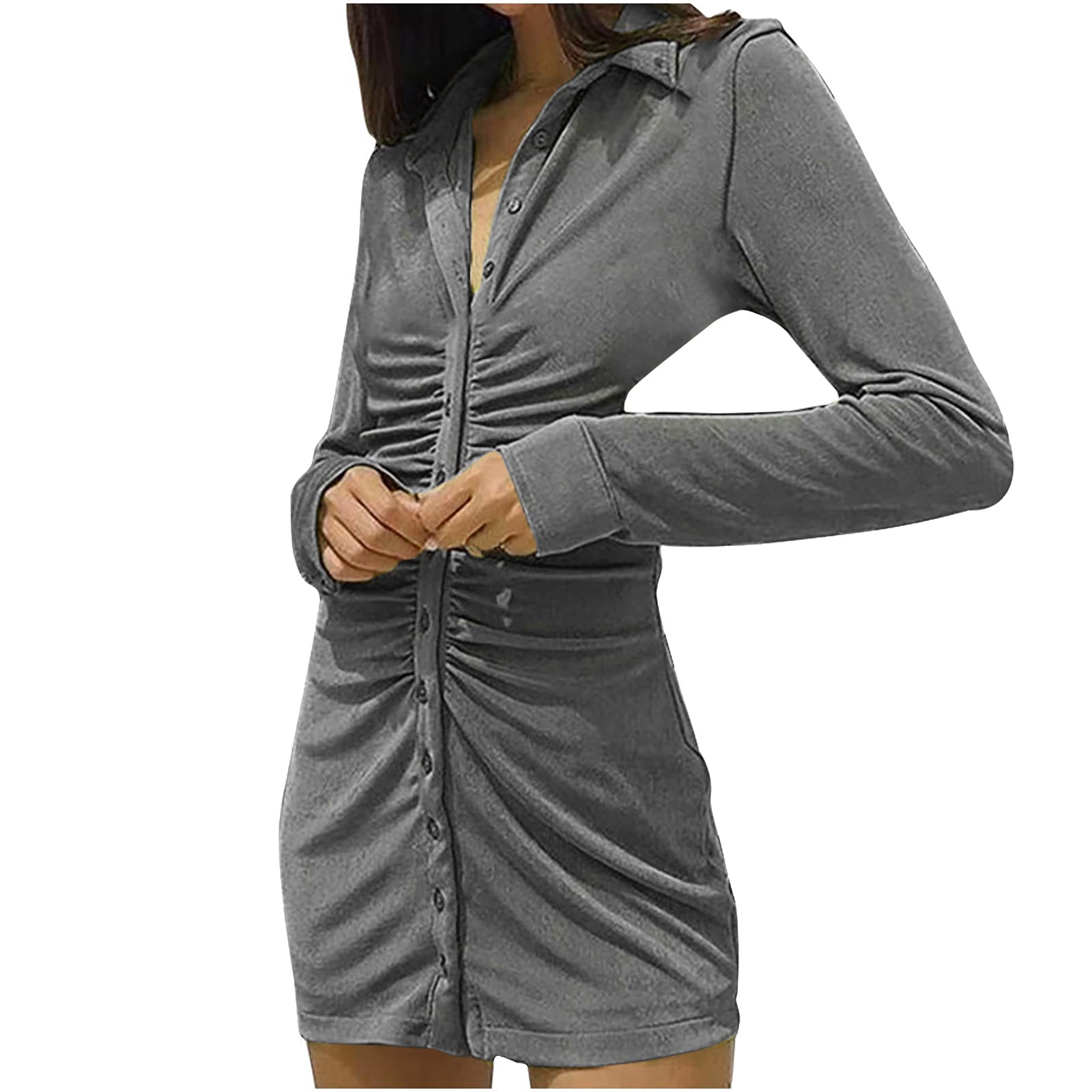 Jsarle Women's Wedding Guest Dress - Long Sleeve Ruched Stretchy Bodycon Mini Dress with Button Detail | Perfect for Cocktail Parties, Date Nights & Special Occasions