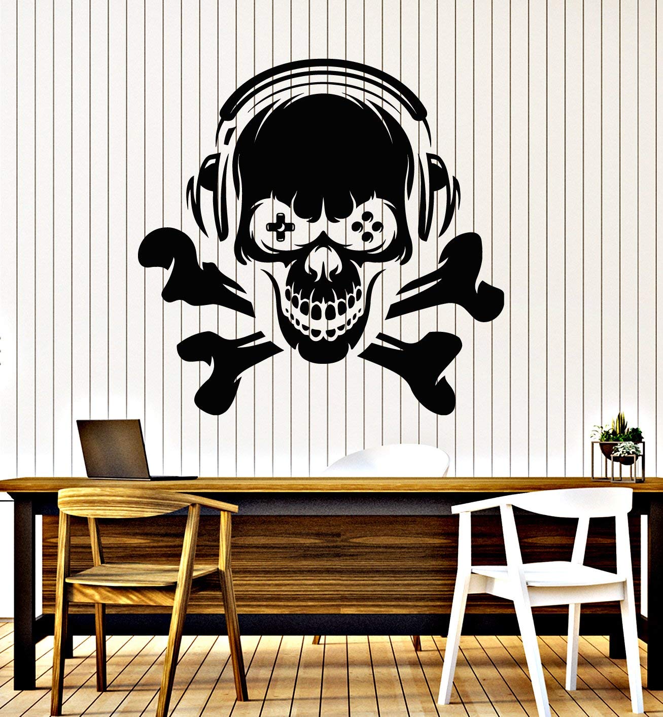 Skull Headphones Vinyl Wall Decal - Large Gamer Room Decor Sticker Mural for Music Lovers & Gamers - Perfect for Bedroom, Gaming Setup & Man Cave (Black, Art g5430)