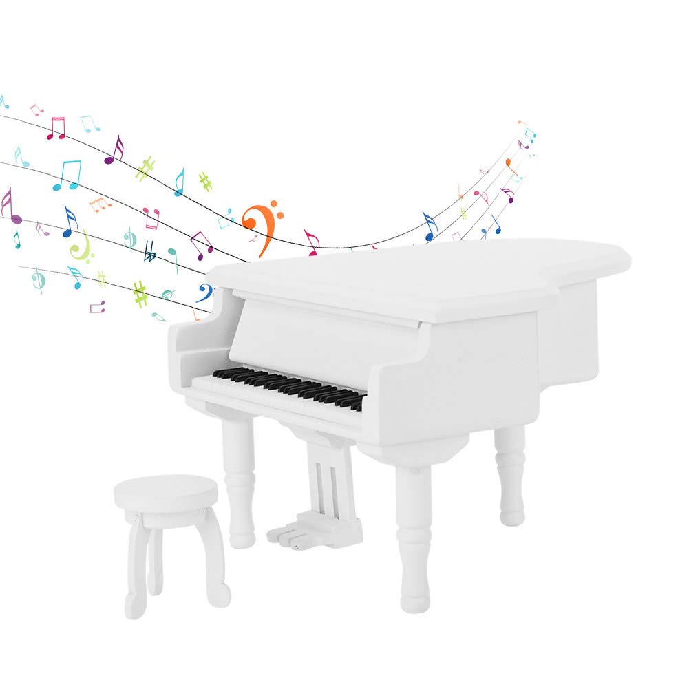 Handcrafted Wooden Piano Music Box - Wind Up Mechanical Musical Gift with Stool & White Case | Perfect for Home Decor, Birthday Presents & Romantic Moments