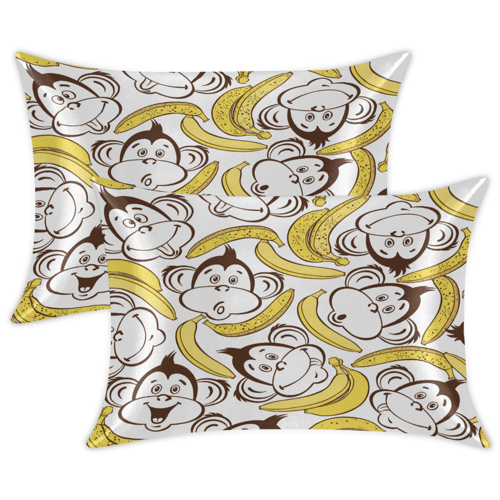 Silk Satin Pillowcase Set of 2 - 20x26 Inch Cooling Pillow Covers for Hair & Skin Care, Zipper Closure Standard Size Pillow Cases (Monkey Banana Print) - Perfect for Beauty Sleep, Travel & Home Decor