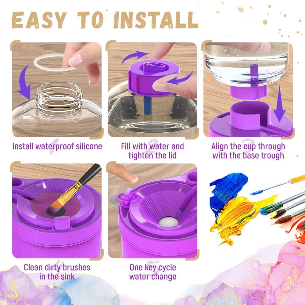 Premium Paint Brush Cleaner with Paint Tray - Acrylic Brush Washer & Water Dispenser Tool - Efficient Brush Rinser for Artists (Purple, 1-Pack) - Perfect for Studio Painting, DIY Crafts & Home Decor Projects