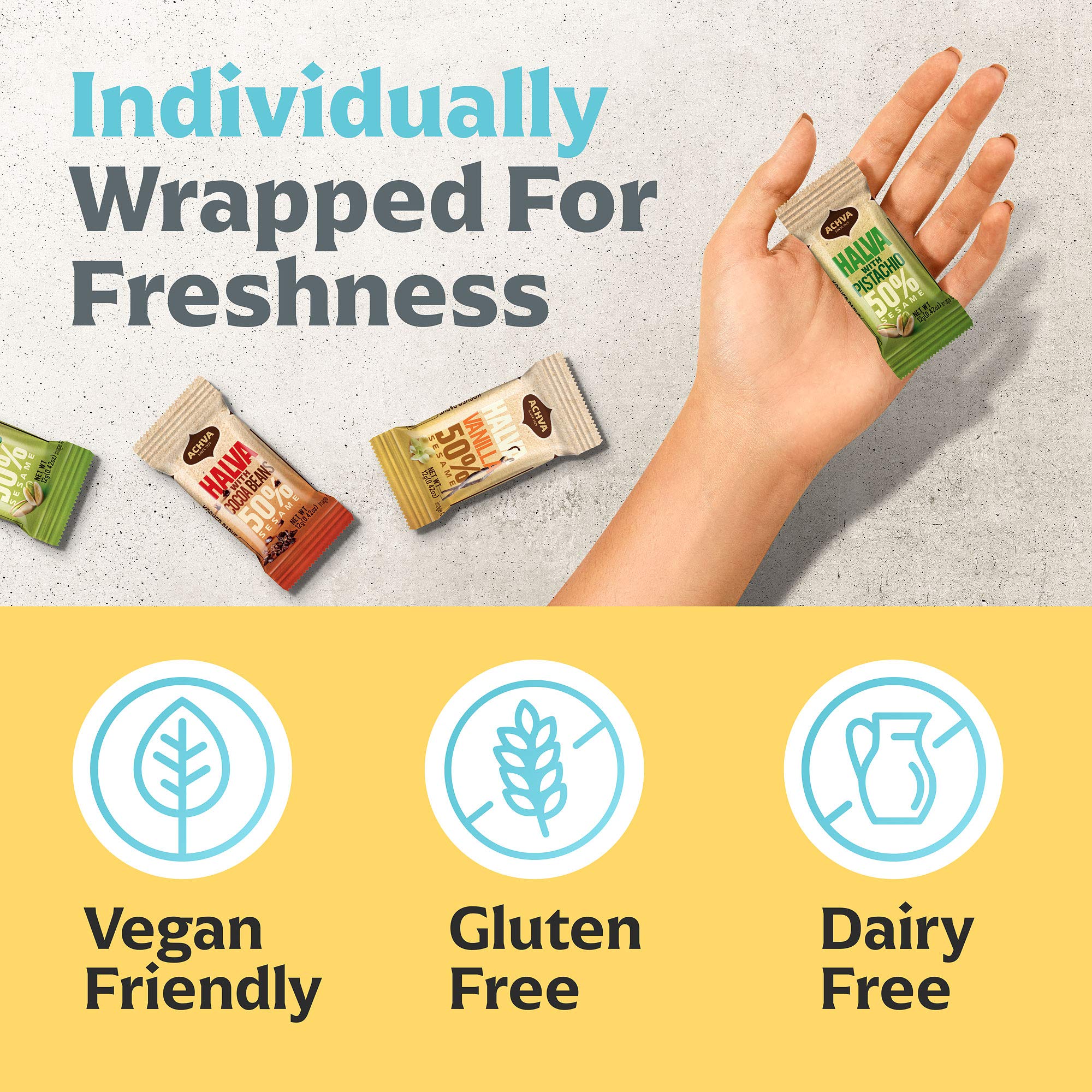 Achva Halva Tahini Bar Mini Snacks - 18-Pack Assorted Halvah Bars with Pistachio, Vanilla & Cocoa Flavors | Vegan, Kosher, Gluten-Free & Lactose-Free Israeli Snacks (12g Each) | Perfect for On-the-Go, Lunchboxes & Healthy Dessert Cravings