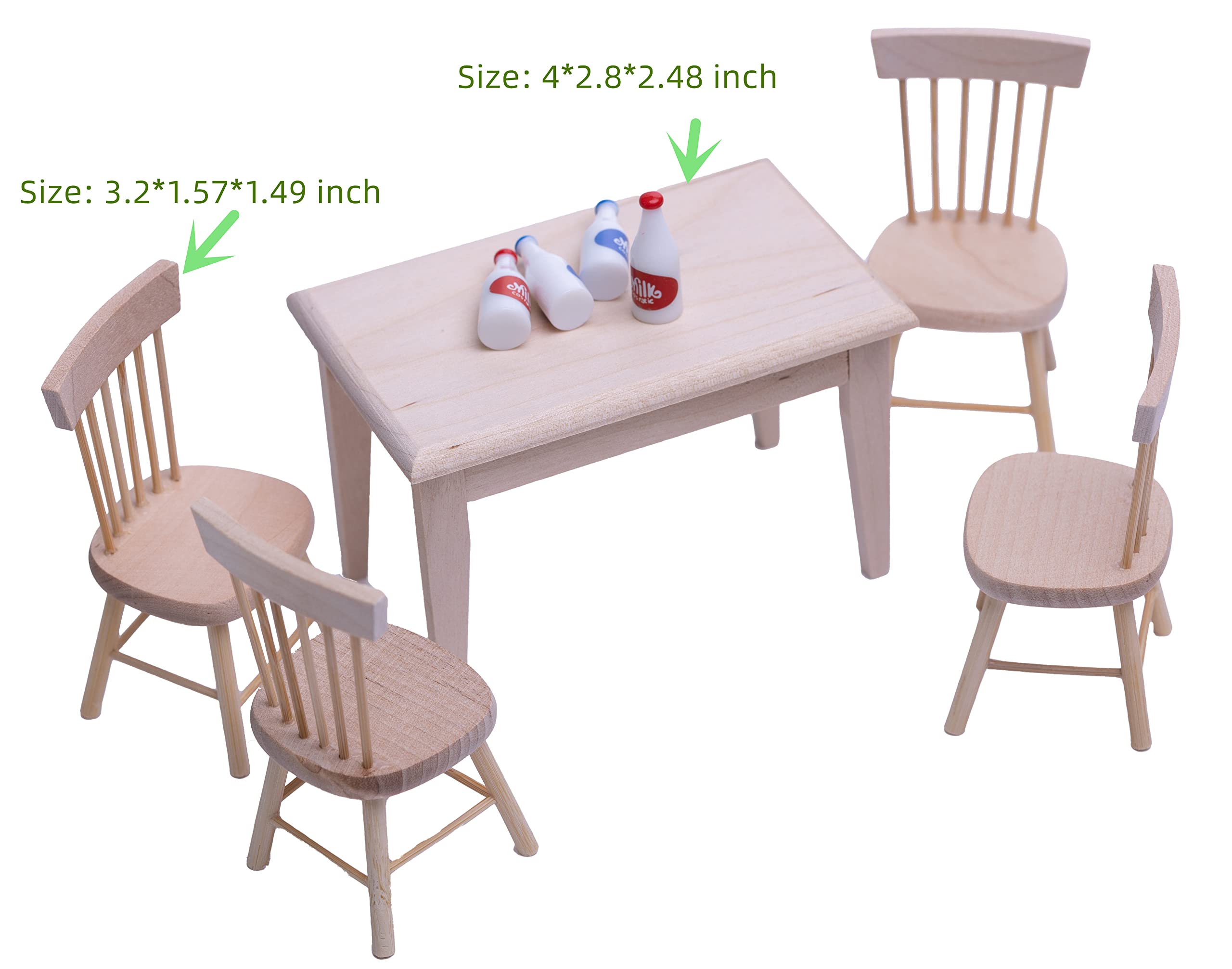 1:12 Scale Miniature Dollhouse Furniture Set - Wooden Dining Table & Chairs with Milk Bottle Accessories | Perfect for Dollhouse Decor, Collectors, and DIY Miniature Scenes