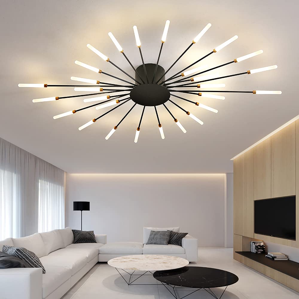 Modern Flower Shape Ceiling Light Fixture - 28-LED Sputnik Firework Petal Chandelier for Dining Room, Kitchen, Hallway | Flush Mount Metal & Acrylic Design (Matte Black) | Perfect for Modern Home Decor, Restaurant Lighting and Commercial Spaces