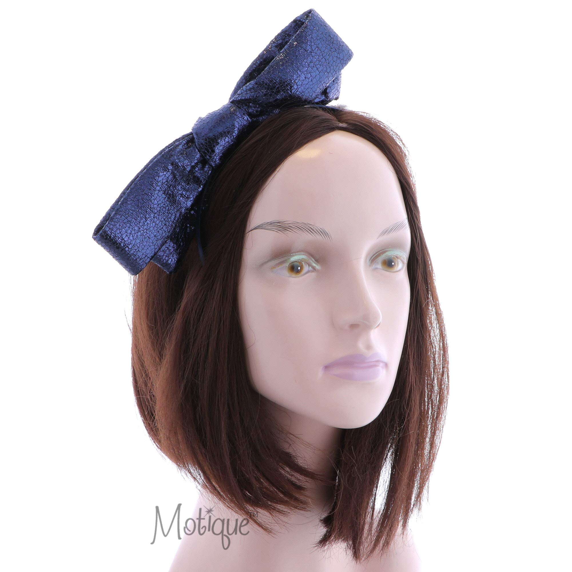 Motique Metallic Pleather Wired Bow Headband for Women & Girls - Blue | Elegant Hair Accessory for Parties, Weddings & Special Occasions