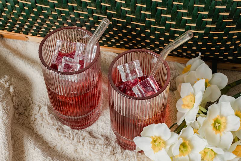 Premium 4-Piece Ribbed Glass Drinking Set with Glass Straws & Cleaner - Iced Coffee & Cocktail Tumblers - Perfect Housewarming Gift for New Home - Ideal for Parties, Daily Use & Home Decor