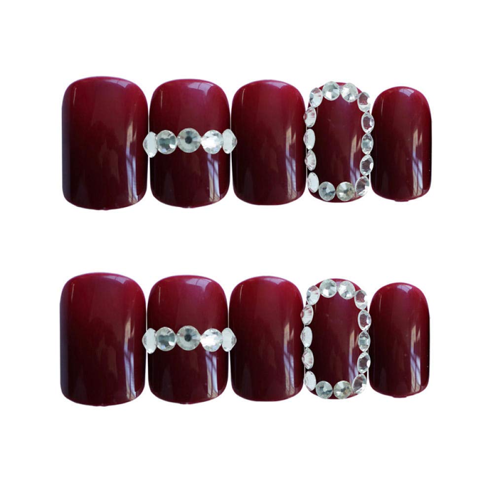 Luxury Diamond Red False Nails 24pcs Set - Full Coverage Artificial Nails for Wedding, Bridal, Party & Special Occasions - Pre-Designed Fake Nails with Wooden Wine Accents - Perfect for Nail Art and Glamorous Looks