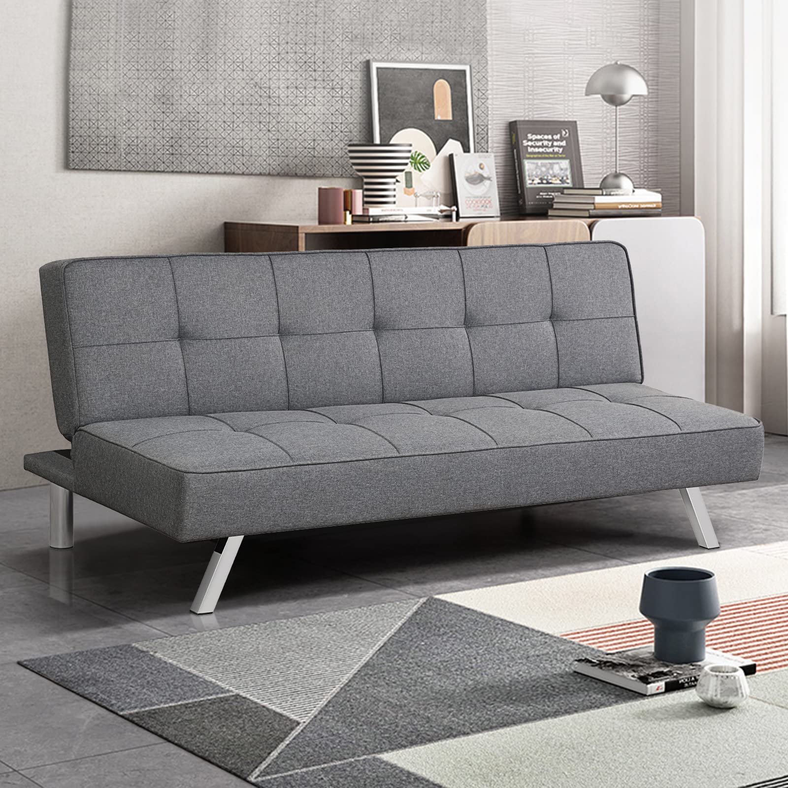 POWERSTONE Convertible Futon Sofa Bed - Gray Linen Fabric Sleeper Couch with Chrome Legs | Space-Saving Living Room Furniture for Small Apartments, Guest Rooms & Home Offices