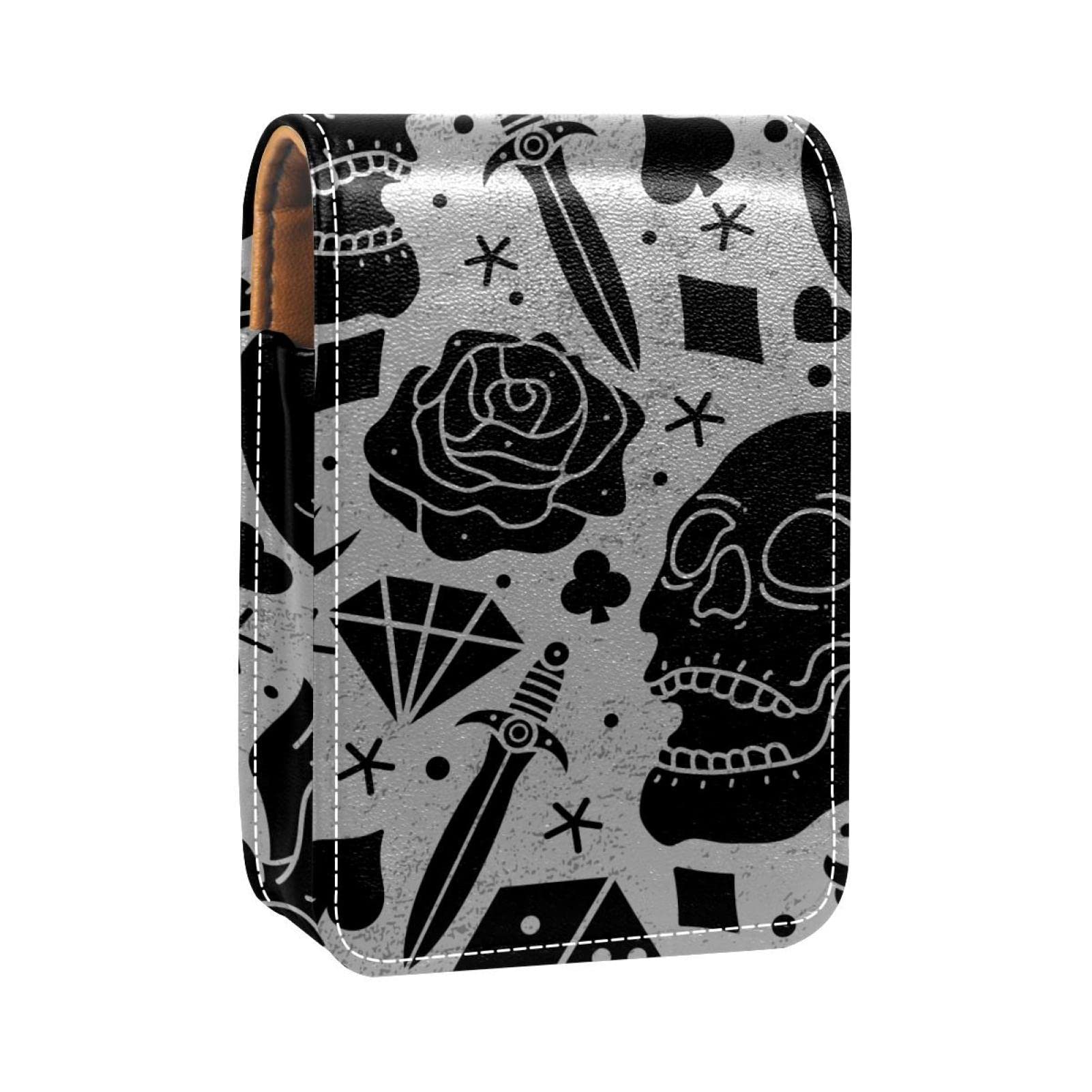 Horror Tattoo Lipstick Case - Cute Portable Makeup Bag Holder with Mirror for Purse & Travel | Fits Up to 3 Lipsticks | Perfect for Halloween, Cosplay & Gothic Makeup Storage