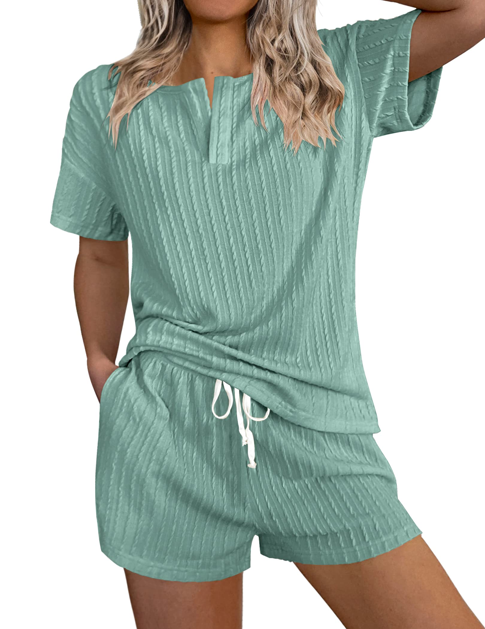 Ekouaer Women's 2-Piece Ribbed Knit Lounge Set - Short Sleeve Top & Shorts Pajama Set, Soft Tracksuit for Home, Yoga, Sleep & Relaxation