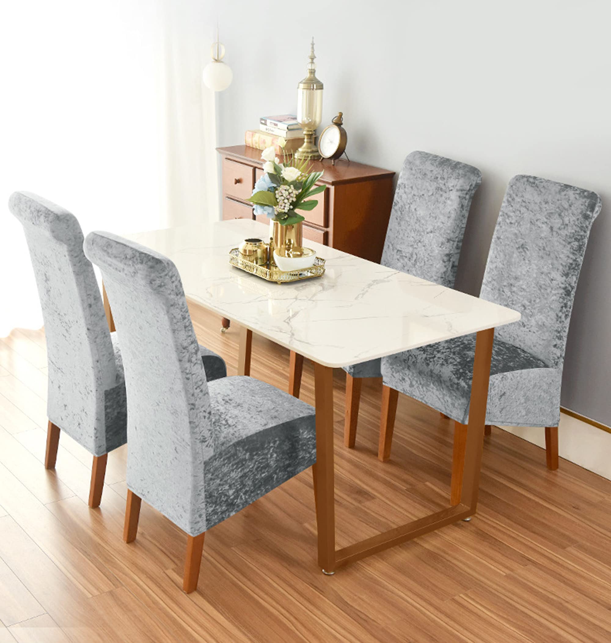 2 Pack Crushed Velvet Dining Chair Covers - Stretchable Slipcovers with Elastic Edge, Washable Seat Protectors for Wedding & Home Decor (Champagne) | Perfect for Dining Rooms, Events & Furniture Protection