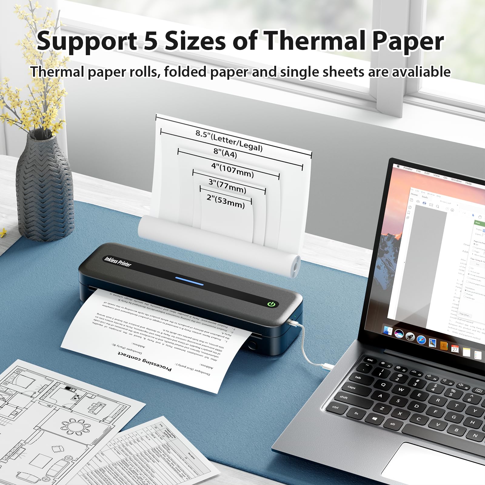 Portable Thermal Printer - Wireless M832 Printer for Travel, Phone & Laptop - Inkless Printing for Office, Home & Car - Supports 8.5x11