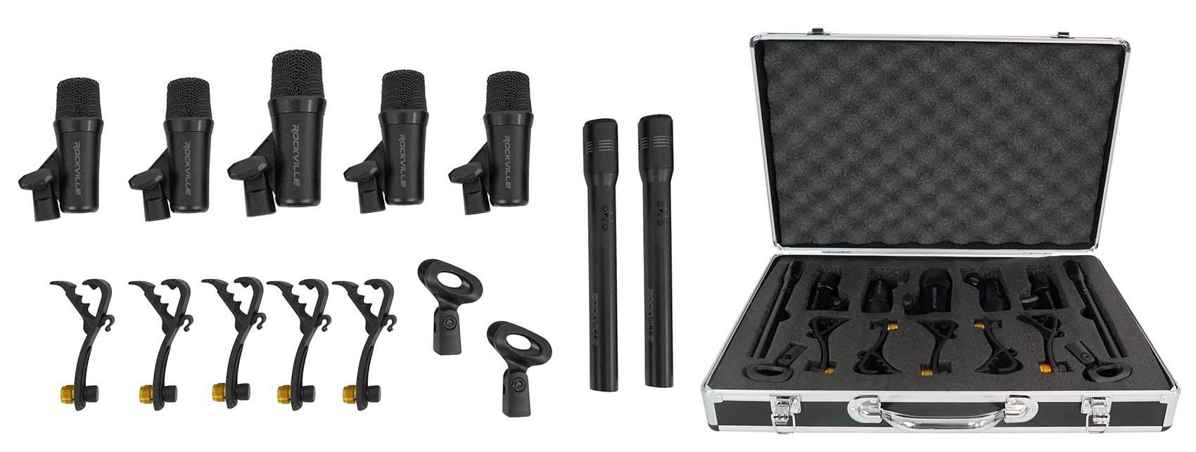 Rockville PRO-D7 Kit - 7-Piece Drum Microphone Set with Kick, Snare, Pencil Mics, Stands & Cables | Perfect for Live Performances, Studio Recording & Drum Mic'ing
