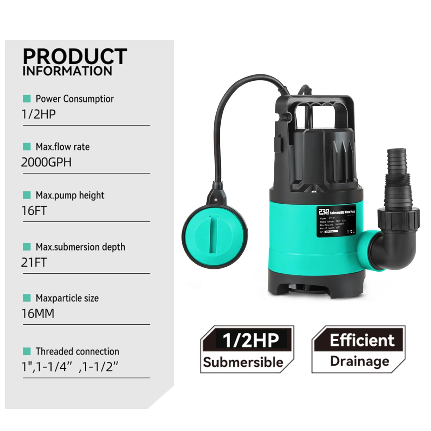 Prostormer 2000GPH 1/2 HP Submersible Sump Pump with Built-in Float Switch - Portable Utility Water Pump with 15ft Cord - Ideal for Swimming Pool, Garden, Bathtub & Pond Draining - Heavy Duty Water Removal for Floods, Basements & Emergency Use