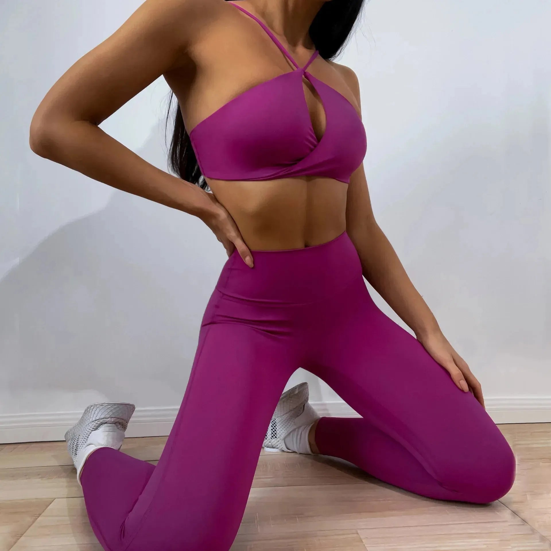 Women's Luxury Wrap Front Yoga Set - High Waist Scrunch Booty Leggings & Purple Sports Bra for Gym, Workout & Fitness | Perfect for Yoga, Pilates & Running