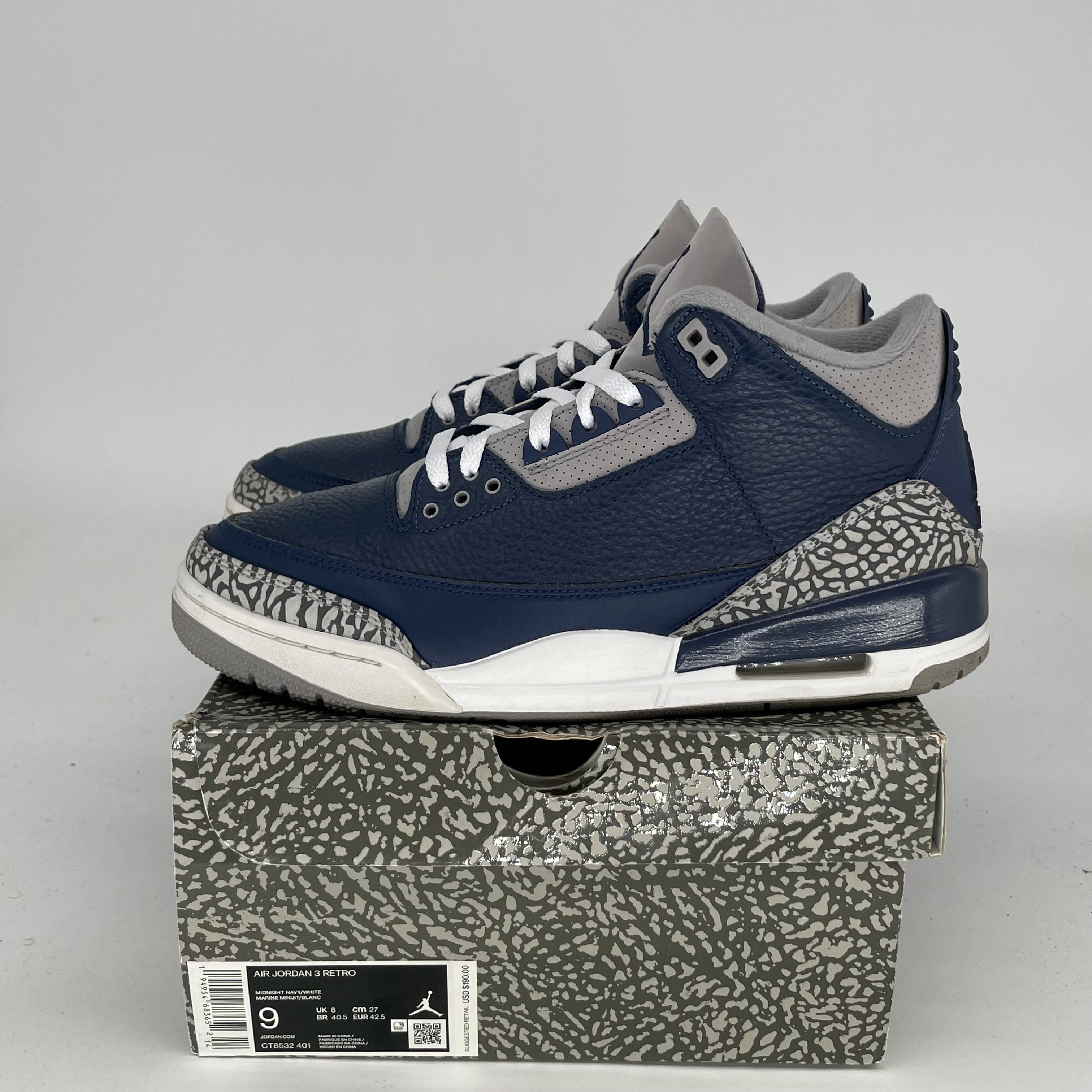 Original Air Jordan 3 Retro 'Georgetown' Men's Basketball Shoes Size 9 - CT8532-401 | Classic Sneakers for Streetwear, Basketball & Casual Outfits