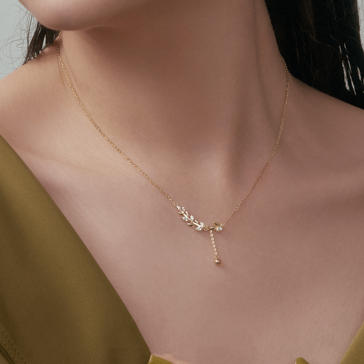 Marquise Olive Branch Leaf Y Necklace - Elegant Sterling Silver Pendant for Women | Perfect for Weddings, Anniversaries & Everyday Wear | R8236