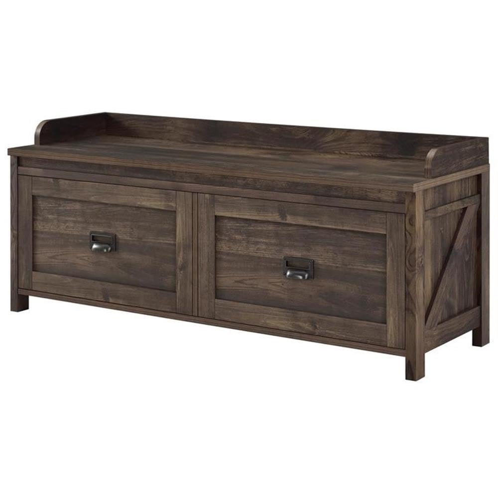 BOWERY HILL Farmhouse Entryway Storage Bench - Rustic Brown Wooden Shoe Bench with Cushion | Perfect for Entryway, Mudroom, Hallway & Bedroom Organization