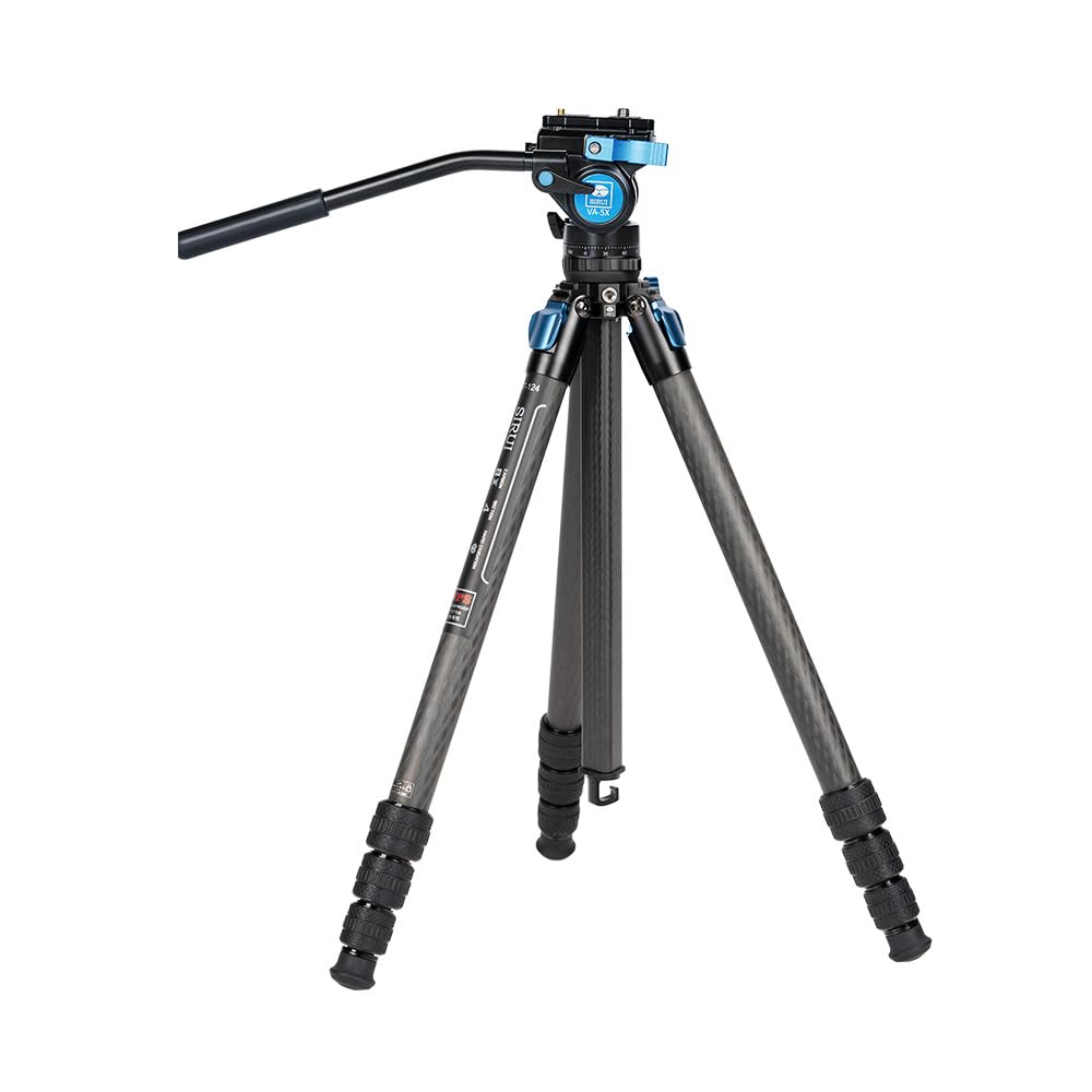 SIRUI ST-124+VA-5 Carbon Fiber Tripod with Fluid Video Head - 62.2 Inch Professional Camera Tripod with Triangular Center Column, 4-Section Waterproof Design, 6.61lbs Load Capacity for DSLR, Mirrorless Cameras - Perfect for Travel, Outdoor Photography & Video Shooting