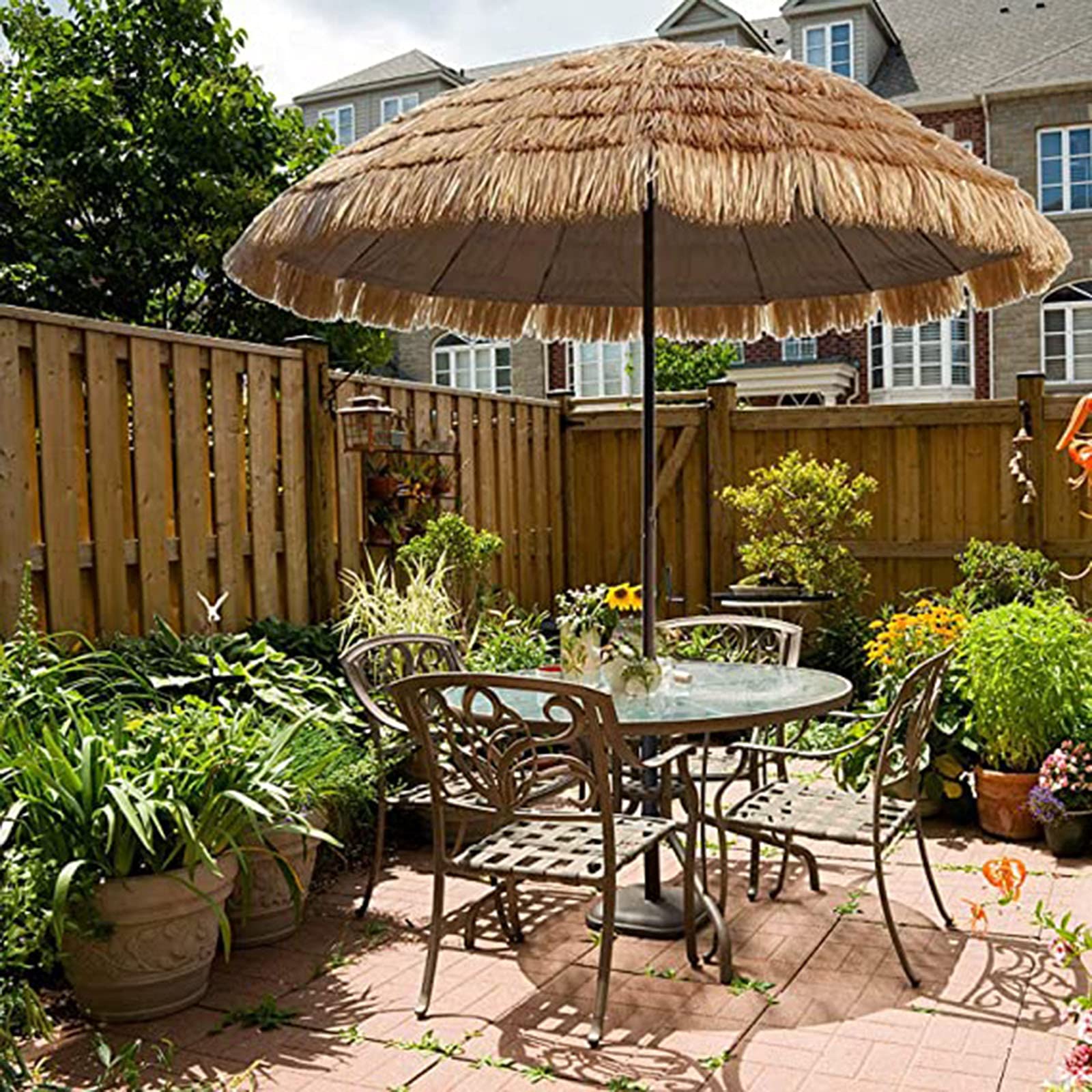7.9 ft/2.4 m Outdoor Hawaiian Straw Parasol with Crank Handle - Natural Hula Thatch Umbrella for Garden, Beach, Terrace & Pool - Perfect for Patio Shade, Tropical Decor & Outdoor Relaxation