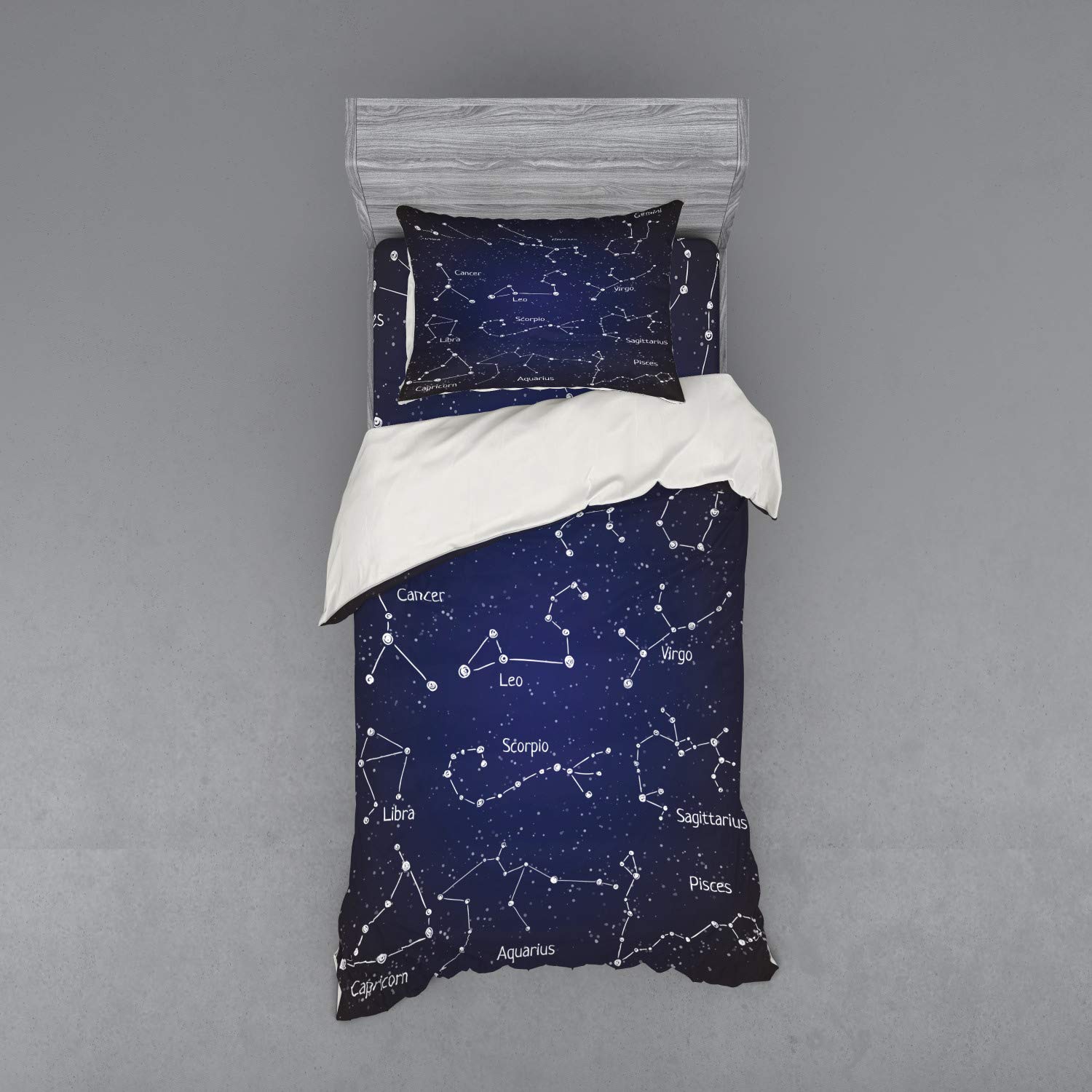 Ambesonne Constellation Duvet Cover Set - 3 Piece Twin Size with Sham & Fitted Sheet | Zodiac Star Clusters & Sign Names in Chalk Writing Style | Dark Blue & White Galaxy Themed Bedding | Perfect for Astronomy Lovers & Teen Room Decor