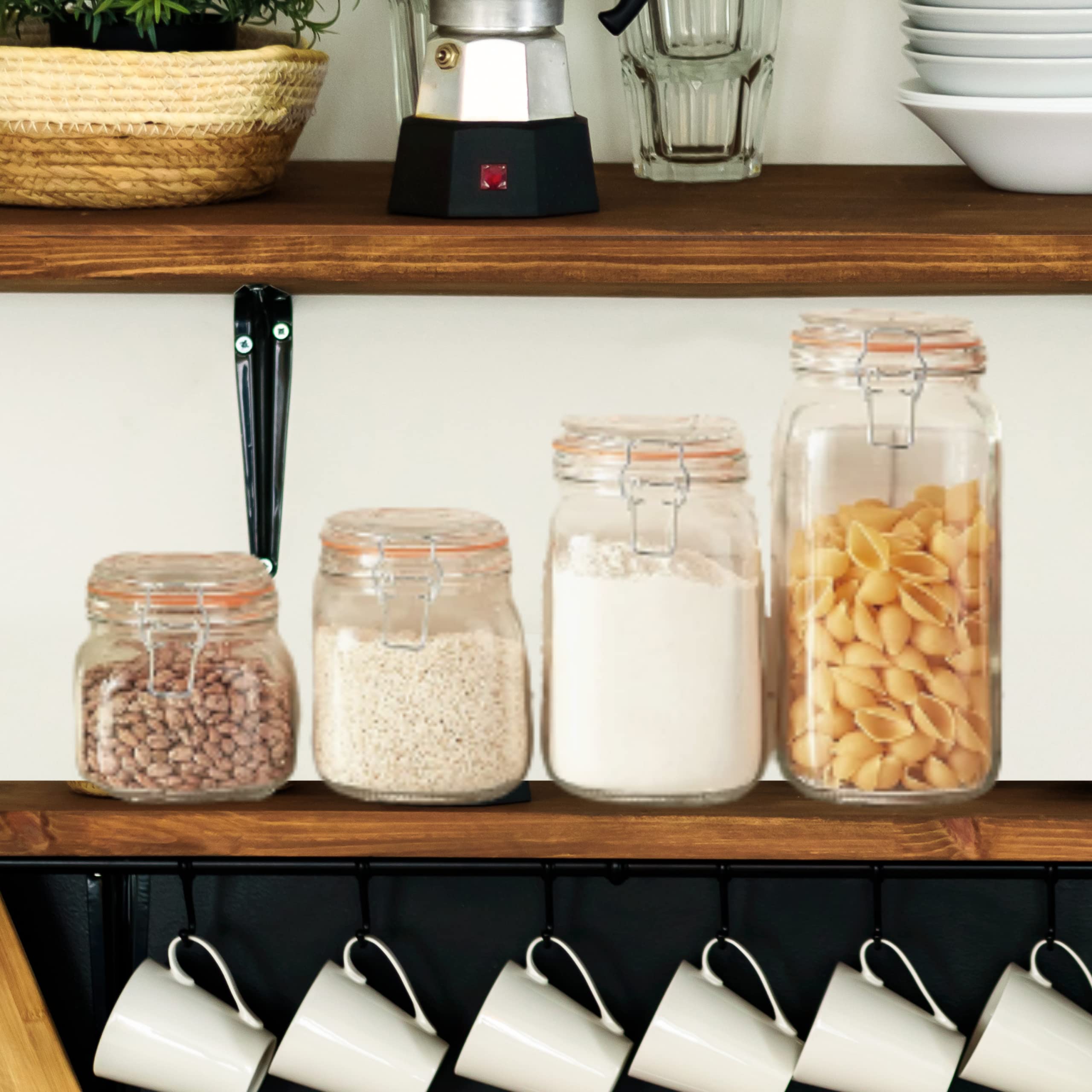 OGGI 4-Piece Airtight Glass Food Storage Containers Set with Clamp Lids & Silicone Seals - Farmhouse Style Kitchen Canisters for Pantry Organization, Flour, Sugar, Coffee, Tea Storage - Perfect for Home Baking & Meal Prep