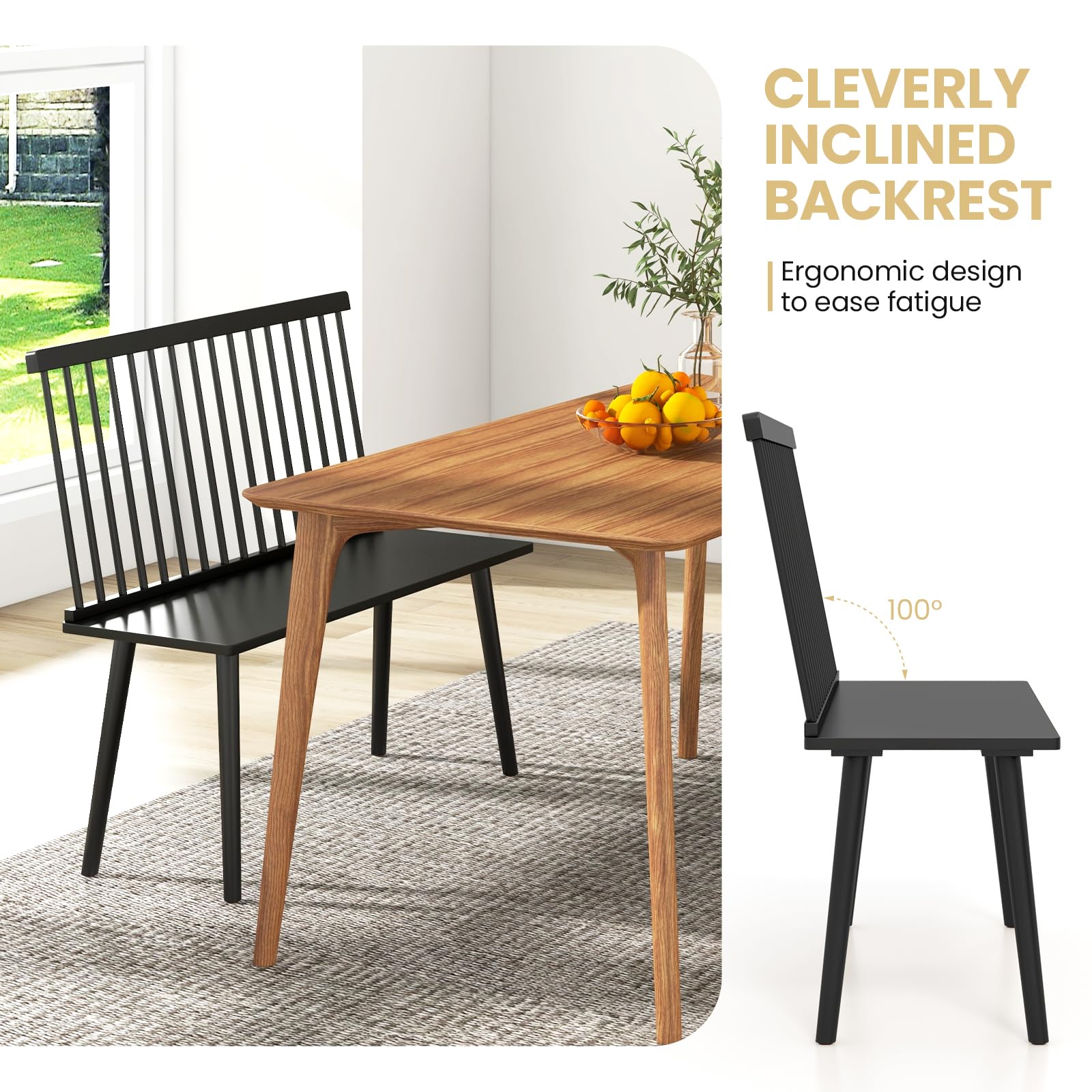 Giantex Black Windsor Dining Bench with Spindle Back & Anti-Slip Foot Pads - Farmhouse Style Rubber Wood Entryway Bench for Living Room, Dining Room, Hallway - Perfect for Farmhouse Decor, Small Space Seating & Cozy Home Entryways