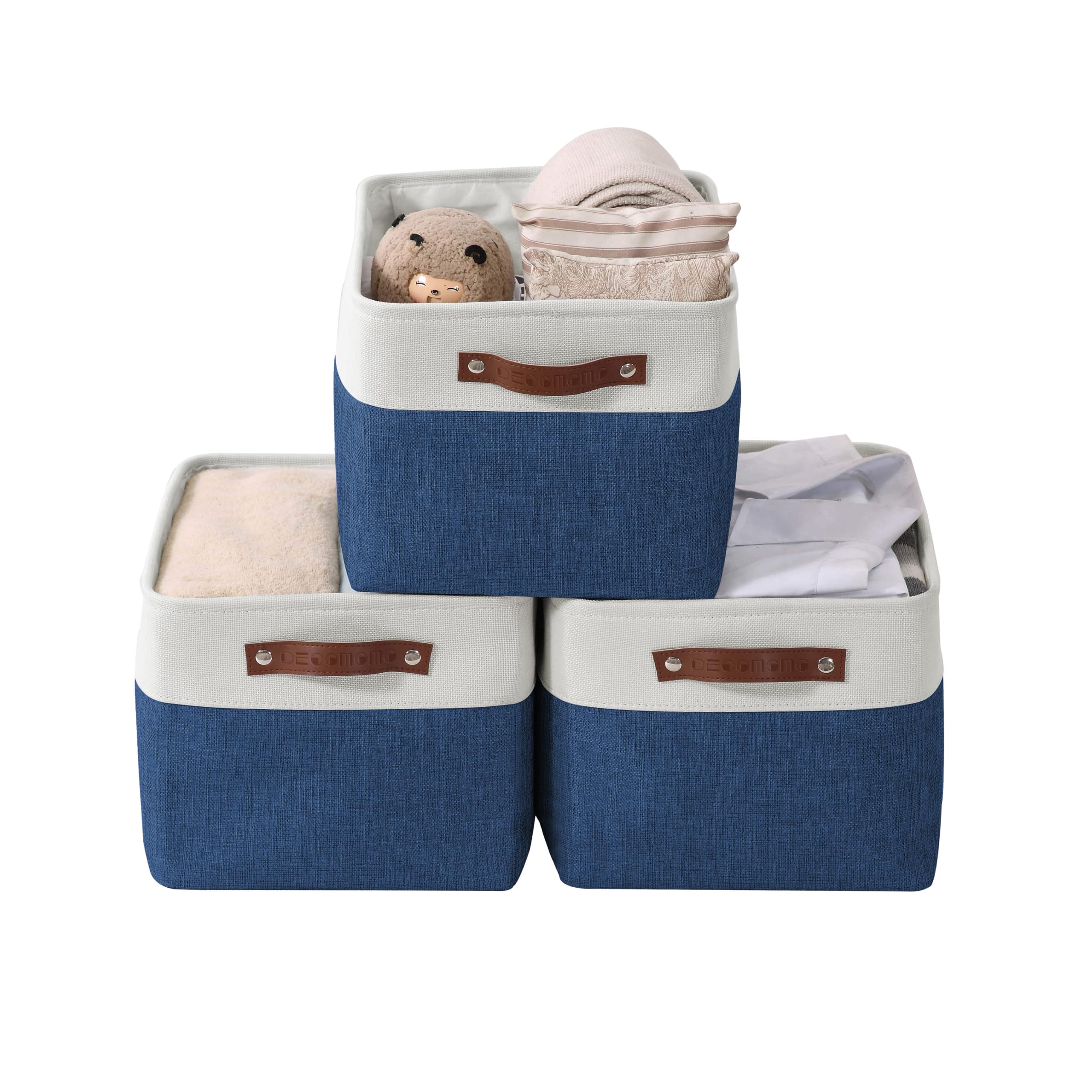 DECOMOMO Fabric Storage Bins & Baskets - Large 3-Pack for Shelves, Closet, Nursery Organization - Navy Blue & White - Perfect for Toys, Linens & Home Storage Solutions
