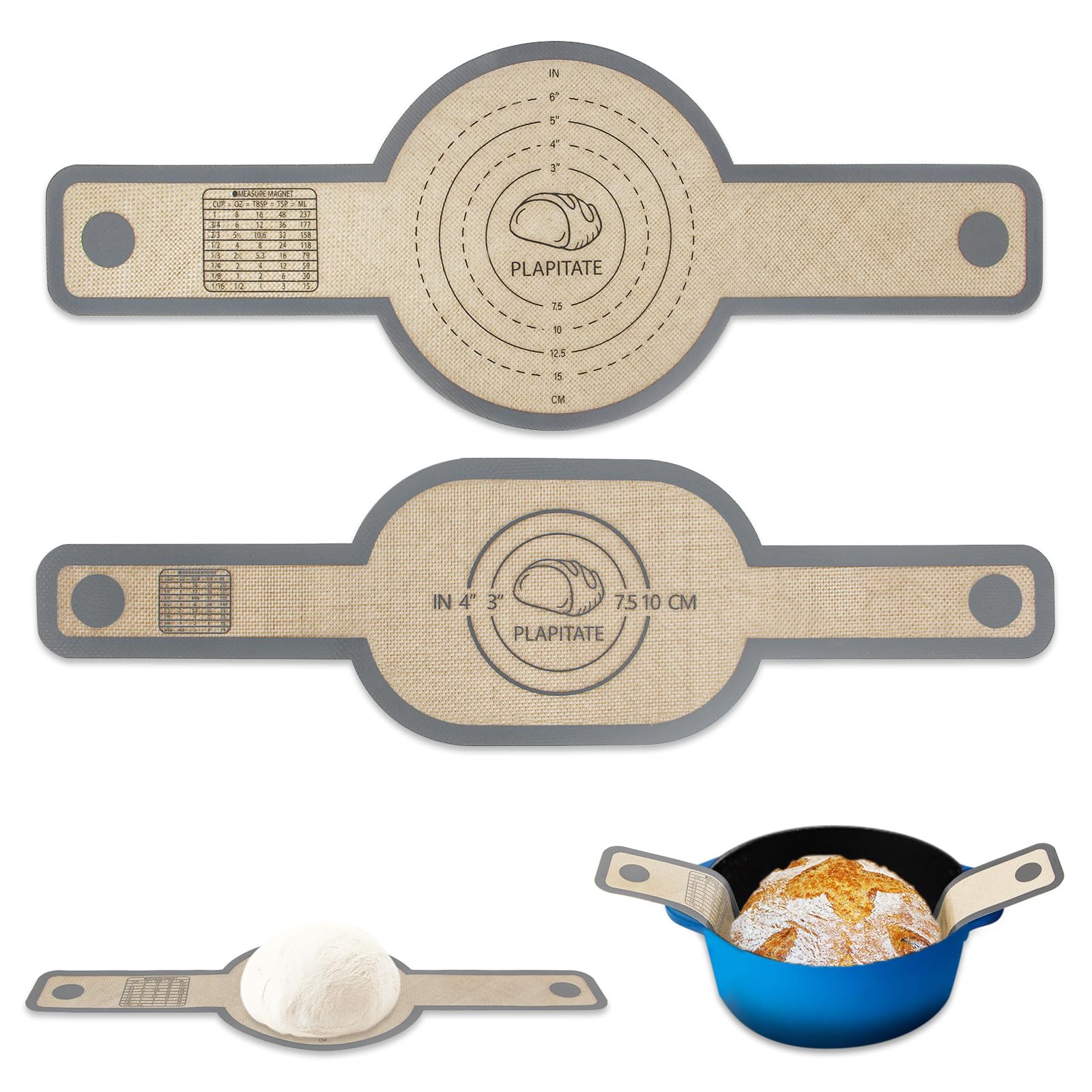 Non-Stick Silicone Bread Sling Dutch Oven Liner - Reusable Oval & Round Baking Mat with Long Handles for Easy Transfer - Perfect for Sourdough, Artisan Bread & Homemade Loaves (2-Piece Gray Set) - Ideal for Dutch Ovens, Bread Makers & Home Bakers