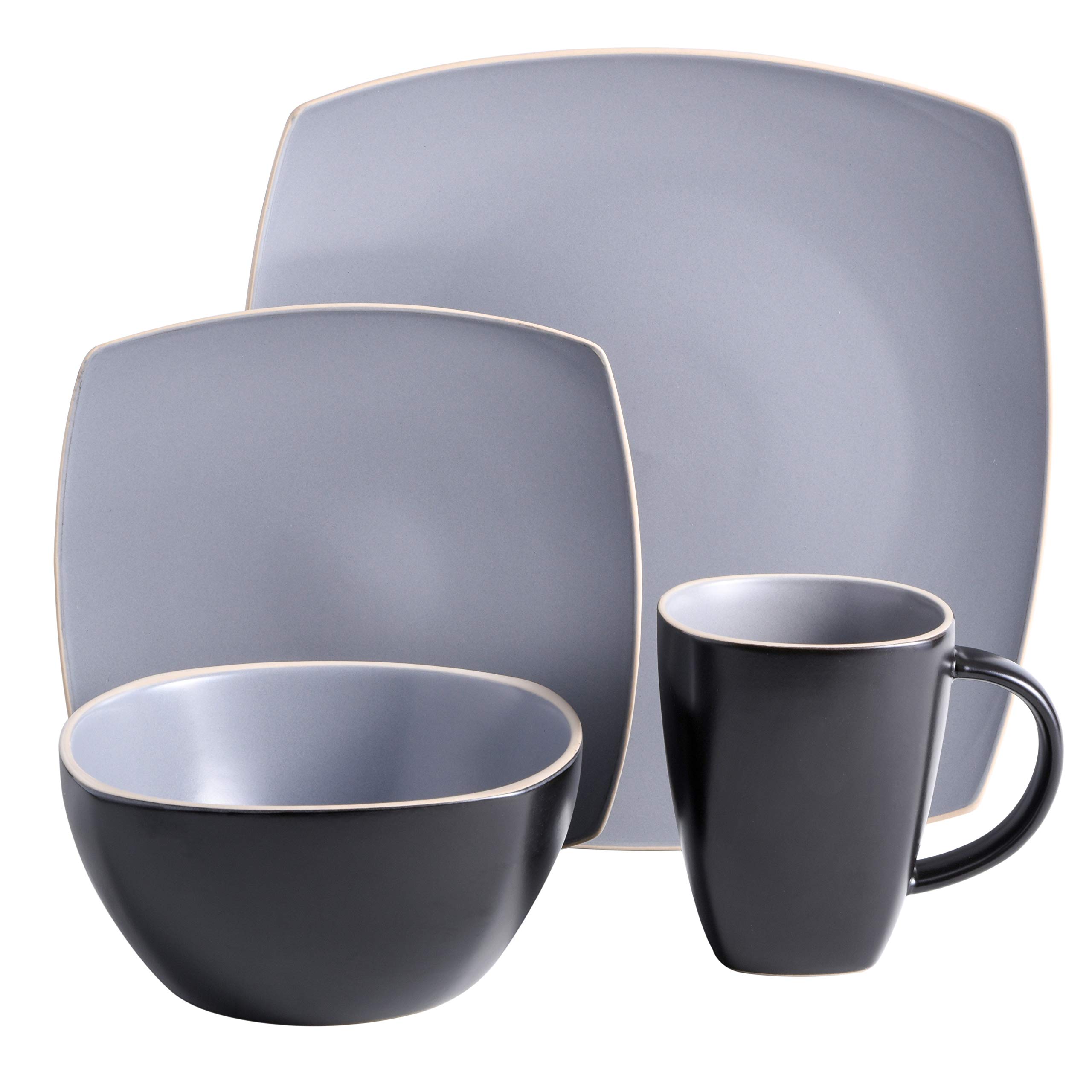 Premium Gibson Elite Soho Lounge 16-Piece Dinnerware Set for 4 - Matte Gray Stoneware Plates, Bowls & Mugs - Elegant Modern Tableware for Dining, Entertaining & Everyday Use