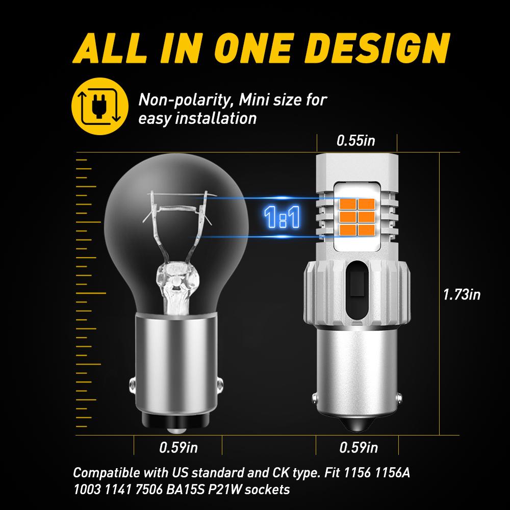1156 BA15S LED Turn Signal Light Bulbs - Non-Polarity, Amber (25W/Bulb) - Compatible with Standard & CK Sockets - Perfect for Motorcycle, Car, Truck & RV Turn Signals
