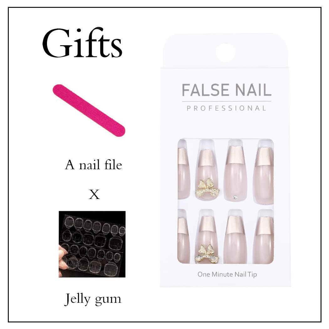 24pcs Luxury 3D Bowknot Acrylic Press-on Nails - Golden French Ballerina Coffin Fake Nails with Glossy Finish for Women & Girls | Perfect for Parties, Weddings & Special Occasions