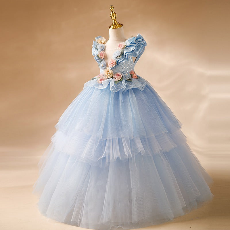 Elegant Blue Tulle A-Line Flower Girl Dress with Floral Embroidery & Sequins - V-Neck Design for Weddings, Parties & Special Occasions
