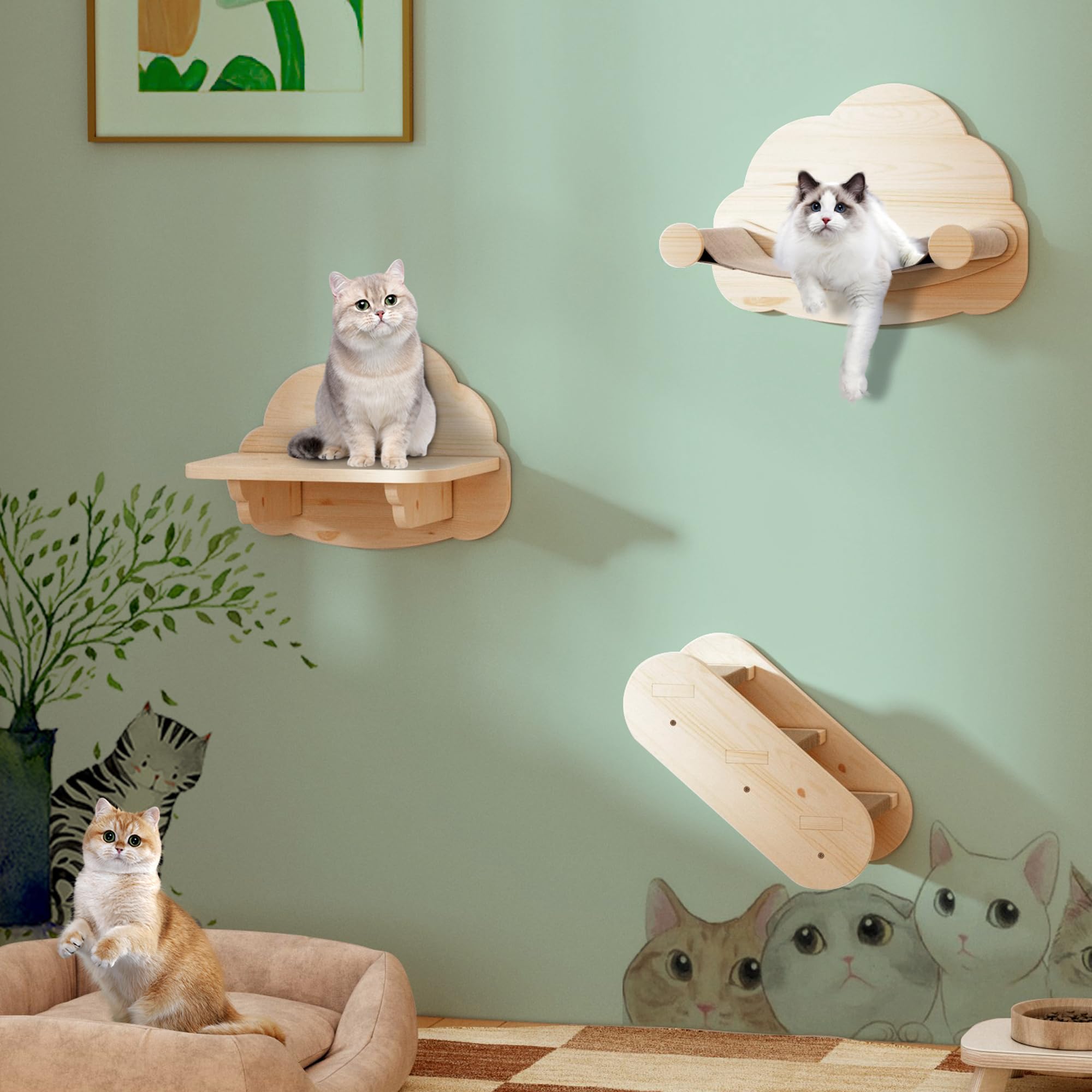 Wall Mounted Cat Furniture Set - 3PCS Solid Wood Shelves & Perches for Climbing & Lounging