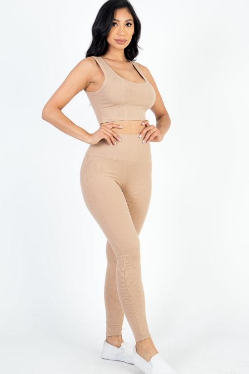 Stylish Ribbed Crop Top & High-Waisted Leggings Set for Women | Trendy Workout Outfit & Casual Streetwear | Perfect for Yoga, Gym, and Everyday Wear