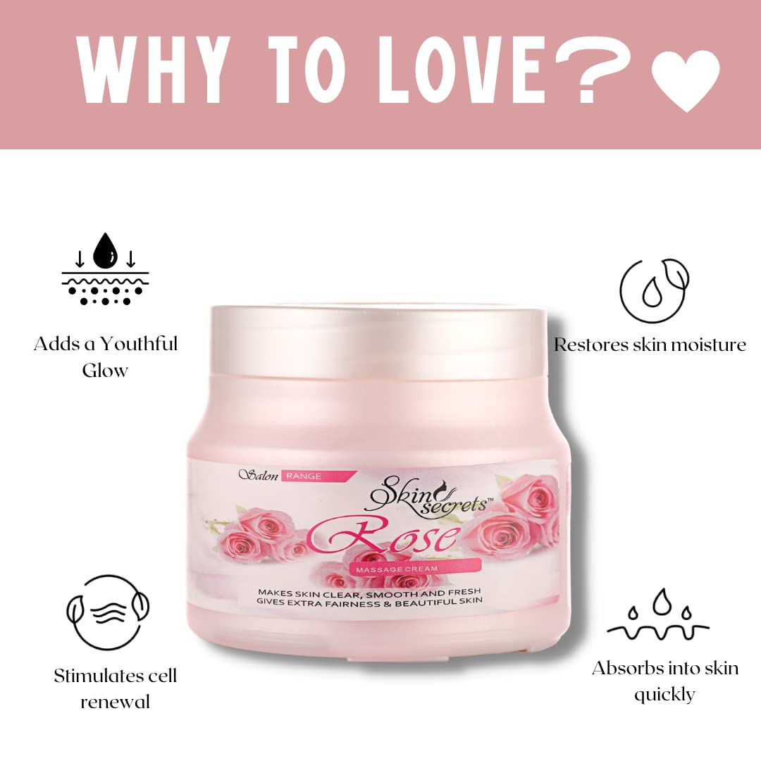 Skin Secrets Rose Massage Cream with Pure Rose Essential Oil | 500g Paraben-Free, Cruelty-Free & Vegan Formula | Luxurious Body Moisturizer for Spa, Massage & Self-Care Rituals