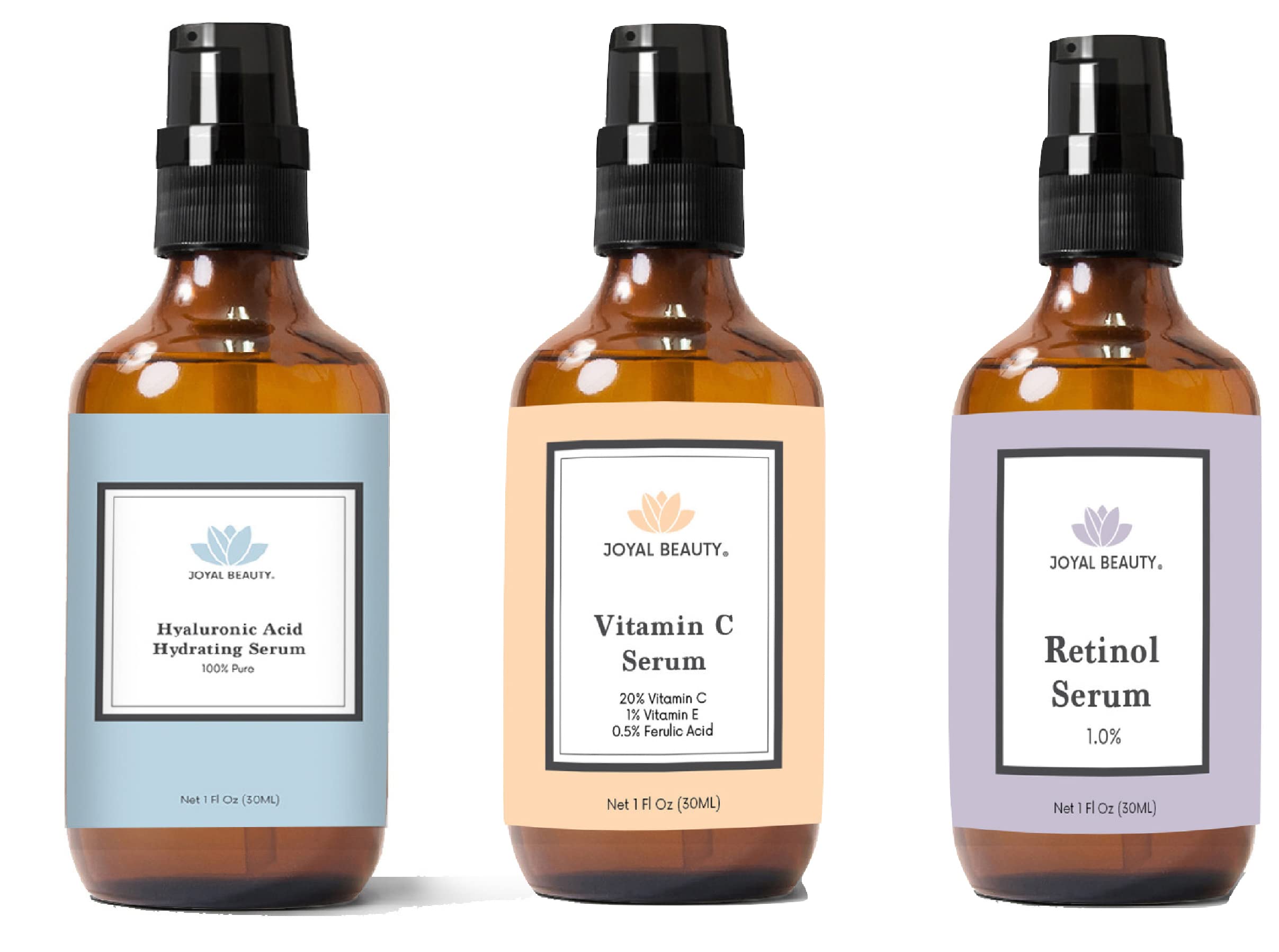 Joyal Beauty Vitamin C Serum, Hyaluronic Acid Serum & Retinol Serum 3-Pack - Brightening, Hydrating & Anti-Aging Skincare Set for Face & Neck | Day & Night Use for Glowing Skin