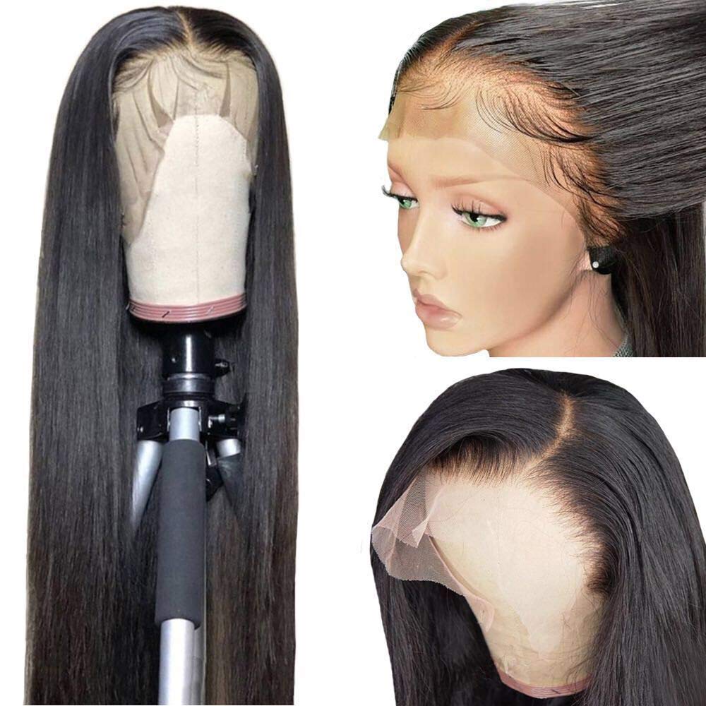 13x6 Lace Front Wig Brazilian Human Hair - Silky Straight 10A Grade Pre Plucked Bleached Knots with Baby Hair - Natural Black Small Cap 130% Density 10
