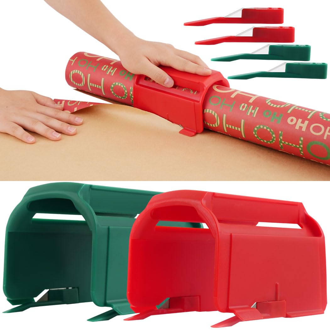 2Pcs Heavy Duty Wrapping Paper Roll Cutter Tool with 4 Replaceable Blades - Green & Red Paper Cutter for Crafting, Classroom, Home, Birthday & Christmas Gifts - Perfect for DIY Projects, Gift Wrapping & Holiday Decorations