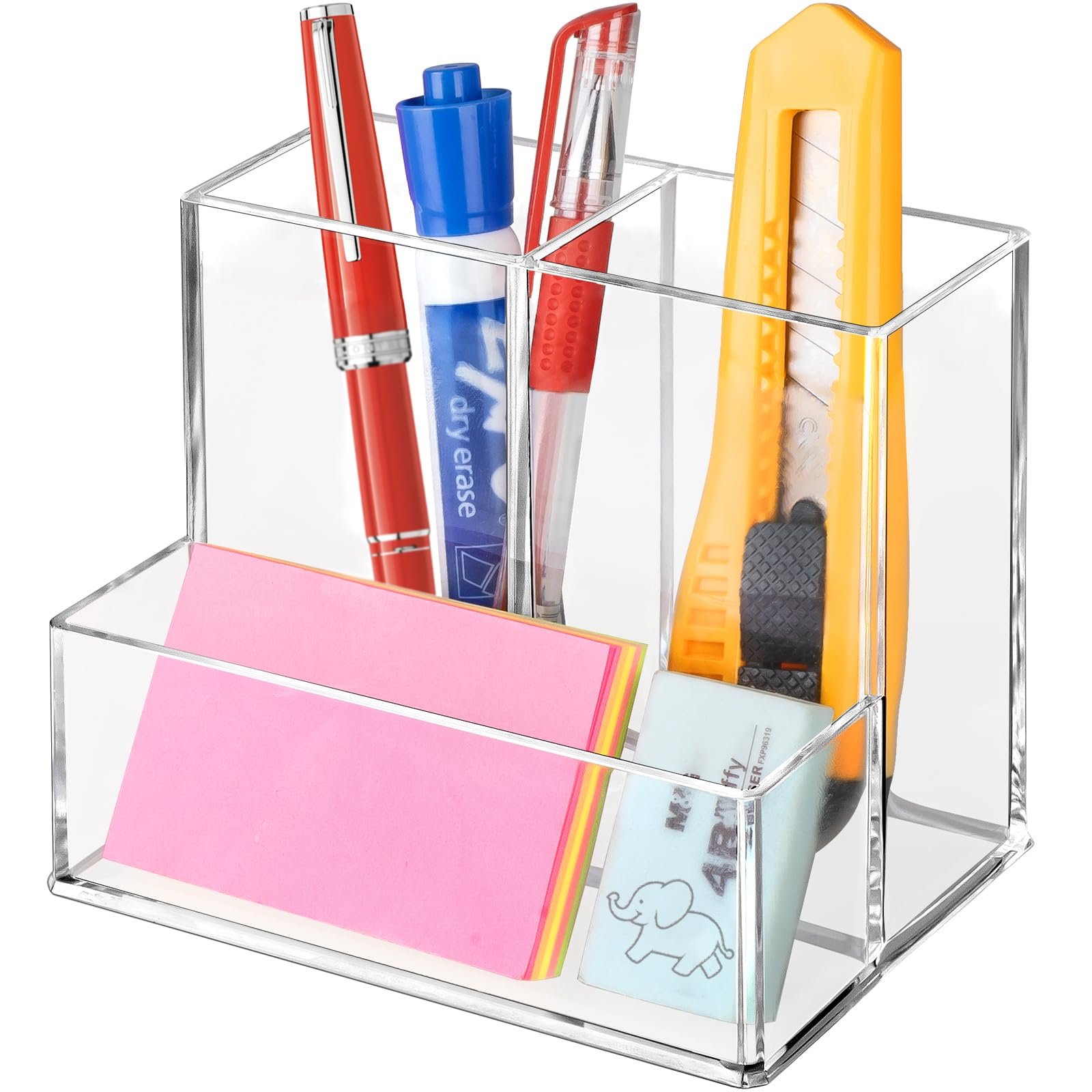 Clear Acrylic Pen Holder for Desk - 3 Compartment Pencil Organizer for Markers, Pens & Office Supplies | Perfect for Home, Office, Classroom & Bathroom Organization | Great for Desk Accessories & School Supplies
