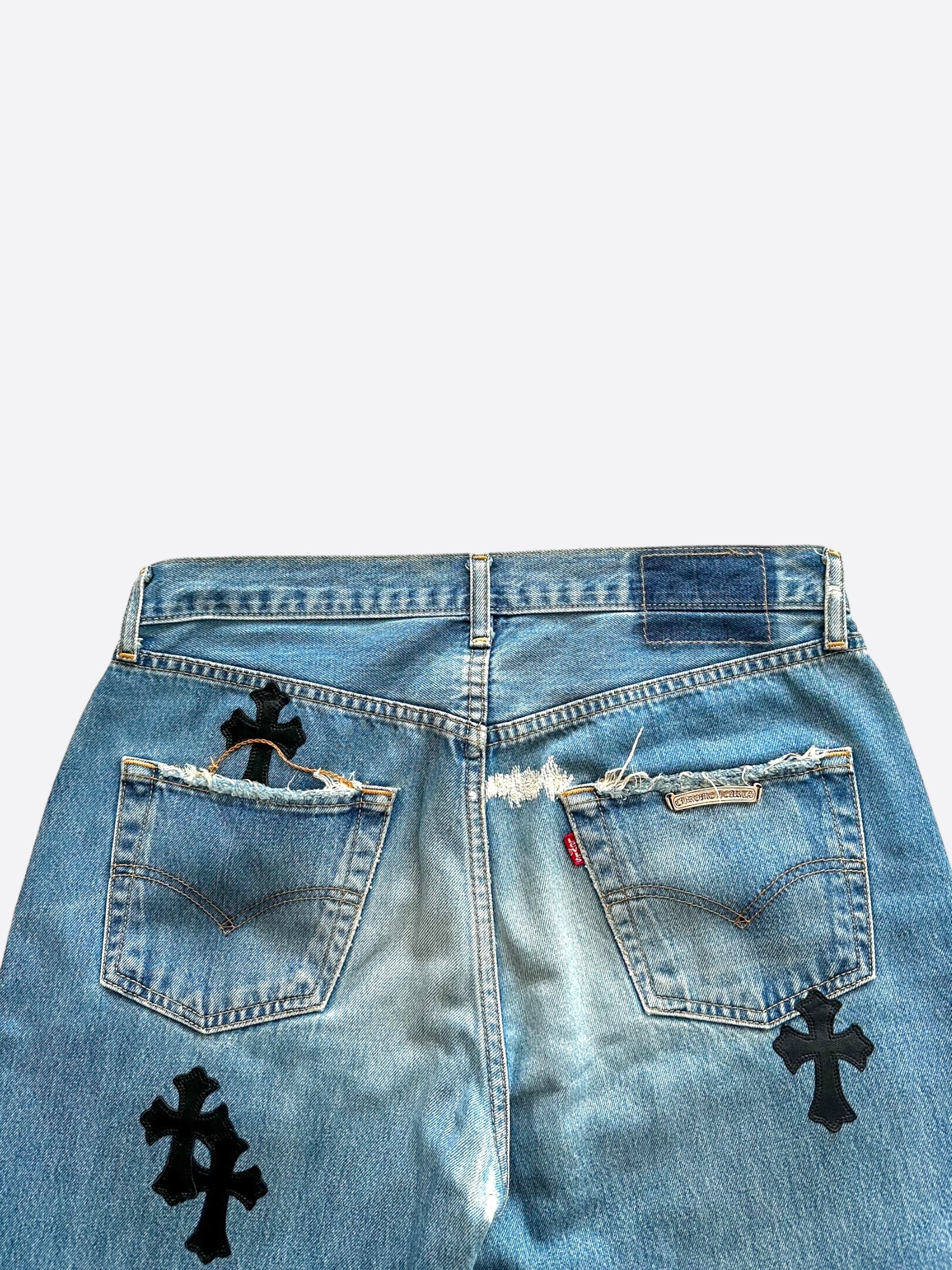 Chrome Hearts x Levi's Blue & Black Cross Patch Denim Jeans for Men - Stylish Vintage Streetwear for Casual Outfits and Night Out