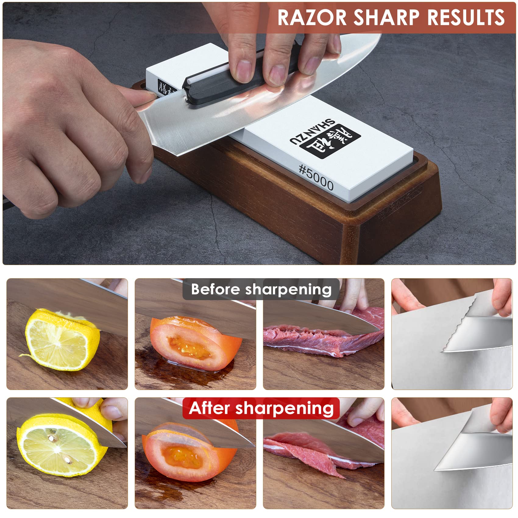 Premium 2-Piece Knife Sharpener Stone Set - 1000/5000 Grit Whetstone with Non-Slip Silicone Base & Angle Guide - Professional Knife Sharpening Kit for Kitchen, Hunting & Chef Knives - Perfect for Home Cooks & Professional Chefs
