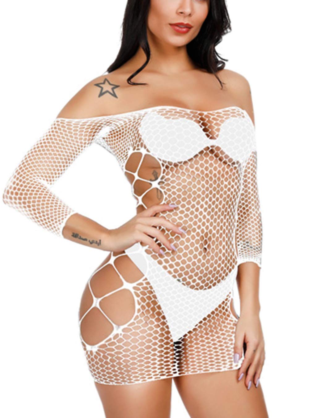 Sexy Women's Fishnet Lingerie Sleepwear - One Piece Babydoll V-Neck Mini Dress (One Size) for Bedroom, Boudoir & Romantic Nights
