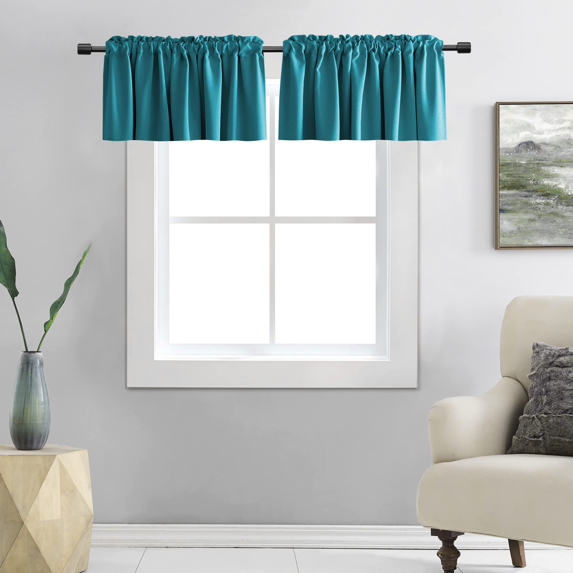 DONREN Teal Kitchen Window Curtain Valances - Room Darkening Valances with Rod Pocket (42x15 Inch, 2 Panels) for Living Room, Bedroom & Bathroom Decor