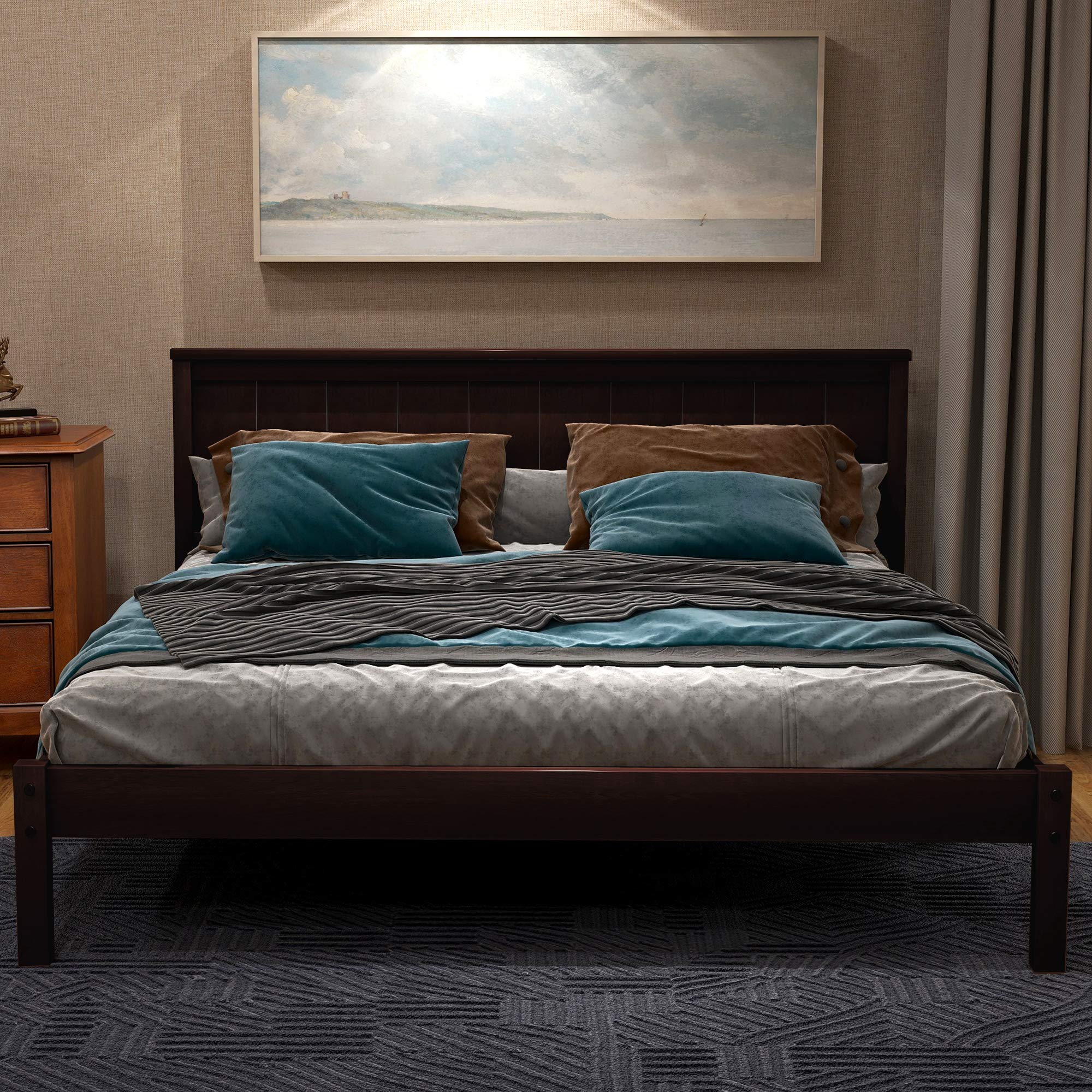 **Solid Wood Platform Bed Frame with Headboard - Full Size, Espresso Finish - No Box Spring Needed - Sturdy Wood Slat Support - Perfect for Modern Bedrooms & Guest Rooms**