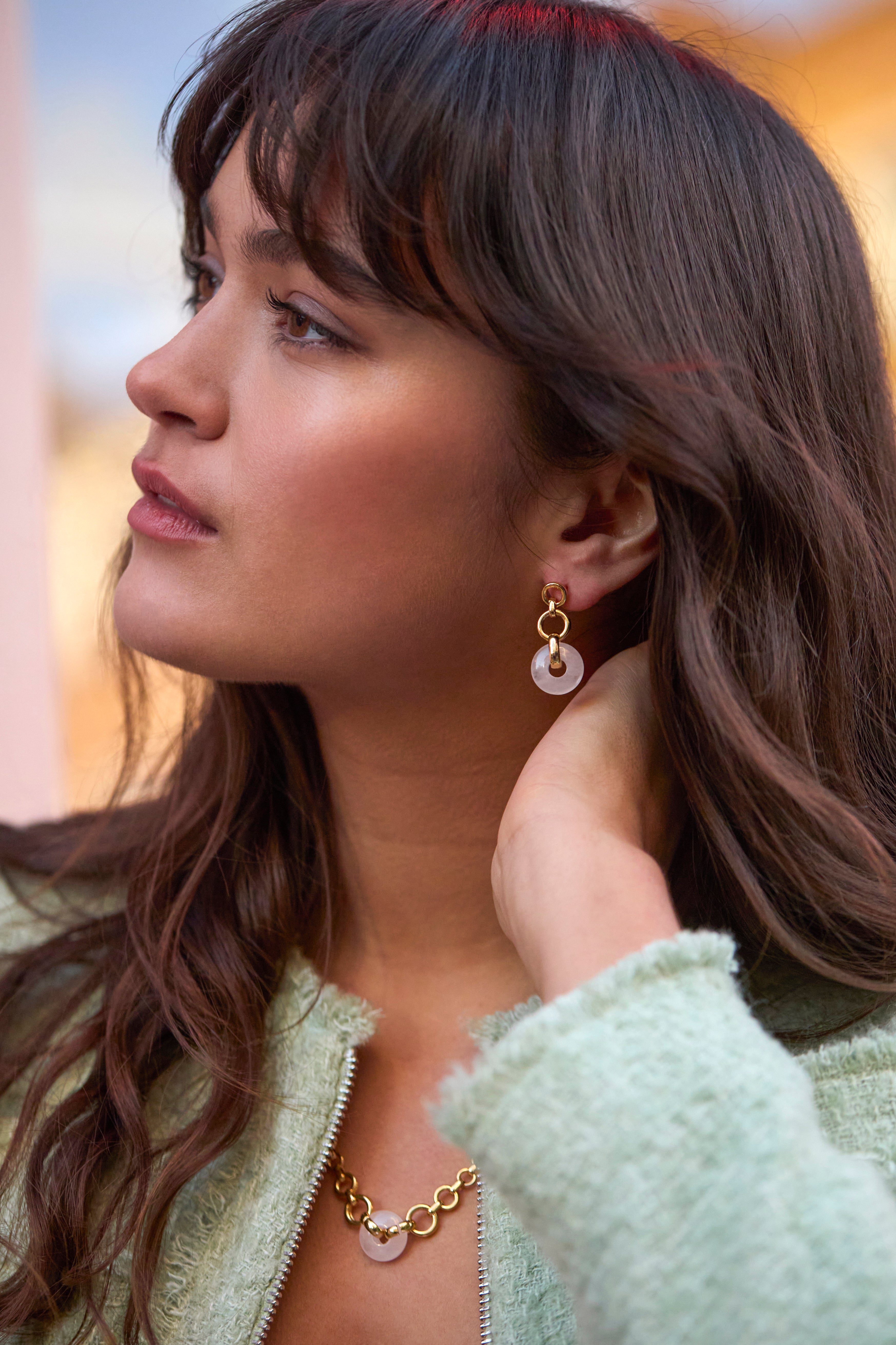 Rose Quartz Graduated Round Link Drop Earrings for Women – Natural Stone Dangle Earrings for Everyday Wear & Special Occasions