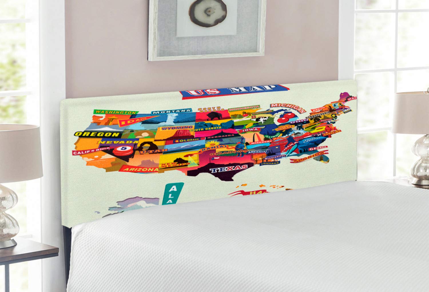 **Ambesonne Wanderlust Full Size Upholstered Headboard - US Map Seashore & Sunflowers Design with Memory Foam, Decorative Metal Bed Frame for Home & Bedroom Decor**    *(Perfect for Travel Lovers, Farmhouse or Coastal Themed Bedrooms, Guest Rooms & Vacation Rentals)*